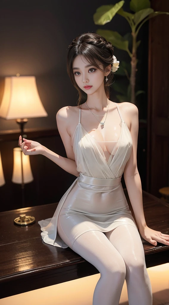 Sweet Girls Clothes 9,skirt, ((whole body)), ((from below)), ((sit)), ((sit在吧台凳上)), Clear face, Pretty Face, 8K, masterpiece, original photo, best quality, detail:1.2,lifelike, detail, Very detailed, CG, Unity, wallpaper, Depth of Field, Light, 镜头Light晕, Light線追蹤, (extremely beautiful face, Beautiful lips, beautiful eyes), wheels within wheels, detail的脸, ((ultra detailed skin)), 1 girl, in the darkness, Deep Shadows, Beautiful korean girl, Korean Idol,(Very slim figure:1.3),Huge breasts:1.4 Huge breasts:1.4,full, Firm breasts,Showing cleavage,Nipple protrusion,Belly button full breasts, Large Breasts, Slender sexy legs, Very beautiful legs, Elegant Posture, (A bright smile), (City night, (neon), (night), Beautiful korean girl, White Diamond Earrings, diameter bracelet, Deya Necklace, Clear eyes, (big eyes),translucent pantyhose