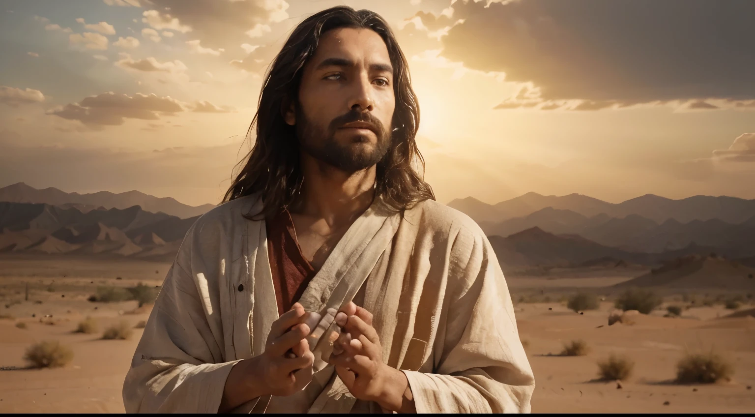 Bust image of Jesus,He walked in the middle of the desert,Contemplative。The dust was steadfast under his feet,He raised his head and looked up at the sky,engaged in a conversation with God。This image shows his deep connection with the divine,He sought wisdom and guidance,Set an example for us。