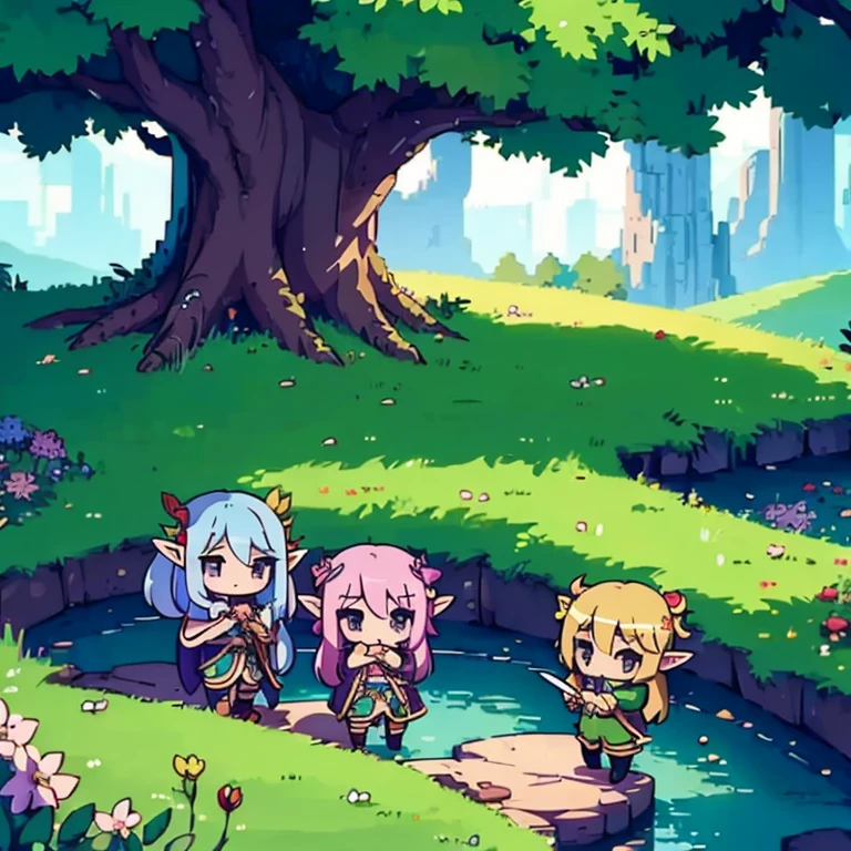 (many elves\((chibi:1.5),living daily life,eating food,washing clothes,talking each other,living on Yggdrasil\)),background\(Yggdrasil\(very huge tree,elf settlement\),forrest,beautiful lake around Yggdrasil\), BREAK ,quality\(8k,wallpaper of extremely detailed CG unit, ​masterpiece,hight resolution,top-quality,top-quality real texture skin,hyper realisitic,increase the resolution,RAW photos,best qualtiy,highly detailed,the wallpaper,cinematic lighting,ray trace,golden ratio\),isometric view,pixel