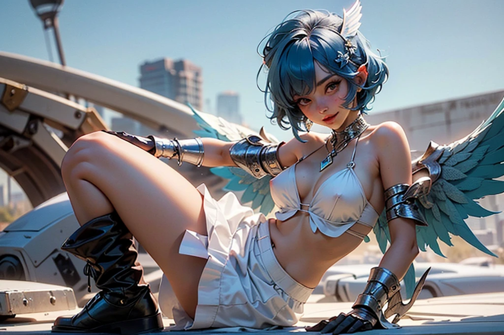 White dress, rooftop, desert, 1girl, 1 Screen View, illustration, standing, Shiny natural skin texture, cheerful, Cute face, nose blush, grin, fluffy bob cut, hair ribbon, (Wings are growing:1.8), (nsfw:1.1), (8K:1.2), (masterpiece:1.2), (highest quality:1.1), (Beautiful expression:1.1), (see through:1.1), (puffynipple:1.1), (Light-pigmented nipple:1.3), (No underwear:1.2), (sky blue hair:1.6), (flower hair ornament:0.8)
