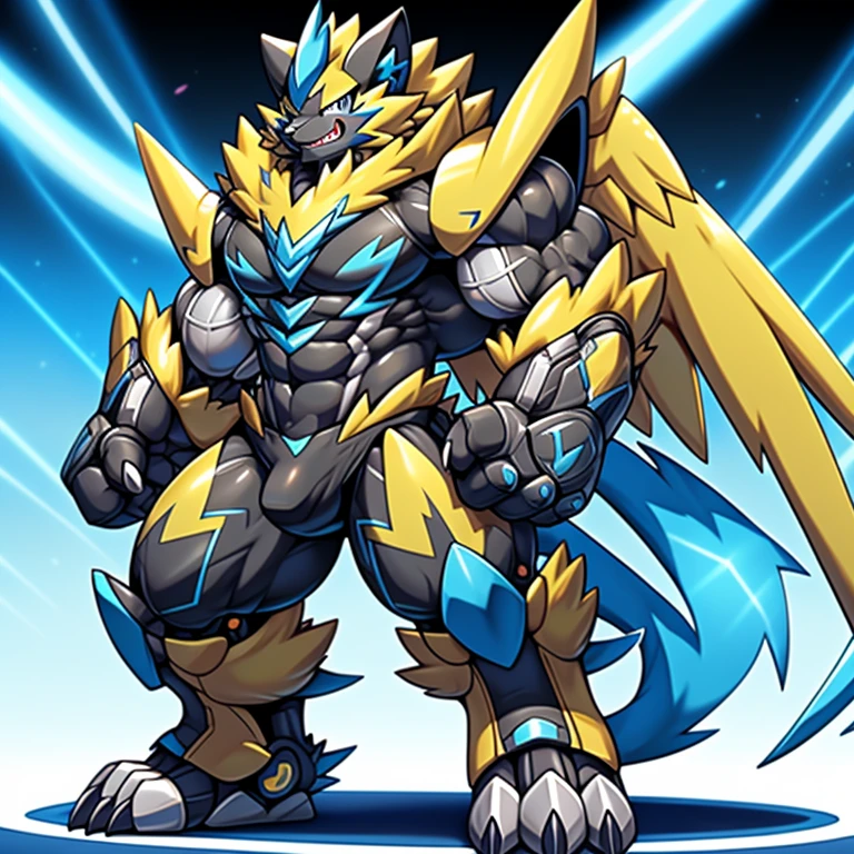 (Pokémon) Zeraora's giant robot. big muscle. GIANT. pecs, triceps, traps, waist narrow. body full of huge muscles. He wears a black cloak on his back. The cloak is so long that it touches the ground, The claws are sharp, Sharp teeth, Protecting Zeraora's design and color scheme. Wearing cyberpunk mecha, emphasizes the muscles. He wears the same armor as himself from head to foot. (emphasizes the muscles.) unusually developed muscular body, (Pokémon) A Zeraora at the bodybuilding competition, massive, huge muscular bodybuilder with extraordinary biceps, pecs, triceps, traps, gigachad, 300 lbs. The claws are sharp, Sharp teeth, whole body shines like metal. Gigantic ZERAORA, metallic eagle shaped wings, suit fully made of metal, Biomechanicegacities of the future, Metal wings on the back, with huge golden laser sword, intricate armor,
Robotic suit,
suit fully made of metal,
cyborg, big penis,