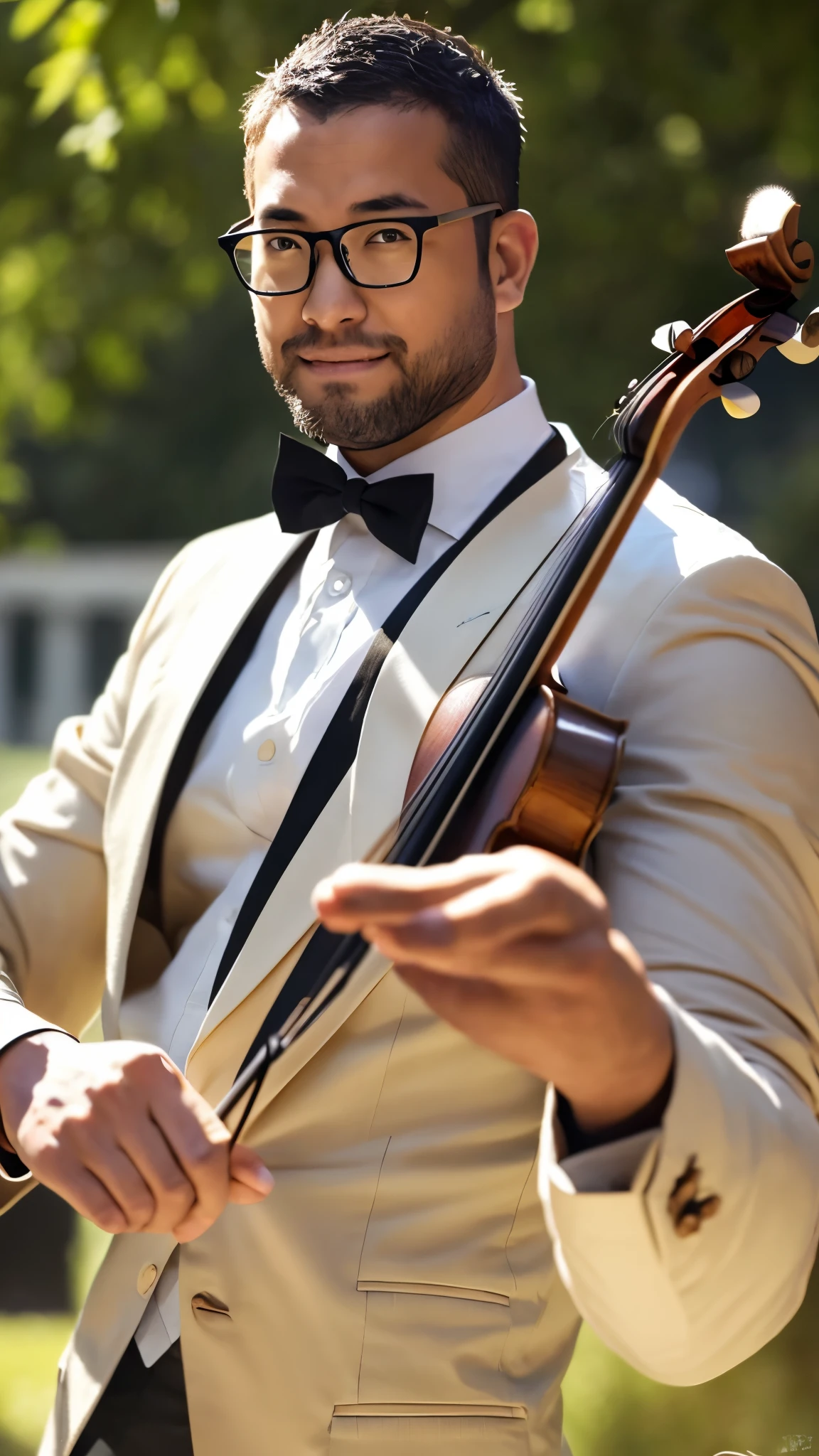 An award-winning original photo, a handsome 35-year-old man, crew cut, full body, mature man, [slightly fat], asian, brown eyes, glasses, (slightly balding), 1boy, Solo, (big shoulder), stubbles, (Short beard), Dynamic Angle, volumetric lighting, (Best quality, A high resolution, Photorealistic), Cinematic lighting, Masterpiece, RAW photo, Intricate details, hdr, depth of field, a violinist wearing white shirt and suit and playing with the violin, violin performance, 