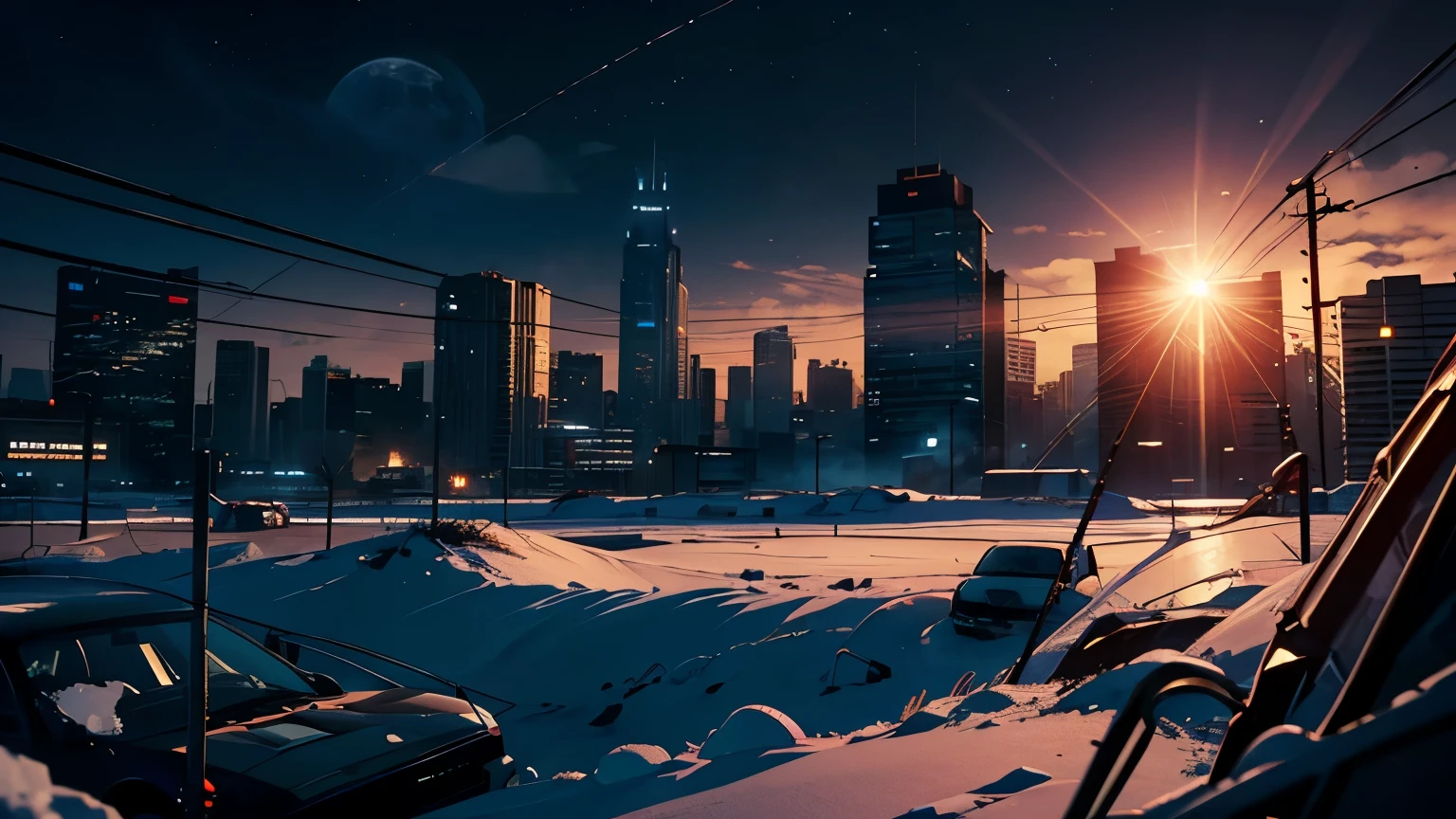 Fish-eye lens, high resolution,Masterpiece, 8k, Depth of Field, Complex Detail, (No People), Space, Movie Poster-Like, (Lots of Wires), Moon, Sun Flare, retrocar, snow, wide-angle lens, devastated city, Broken building