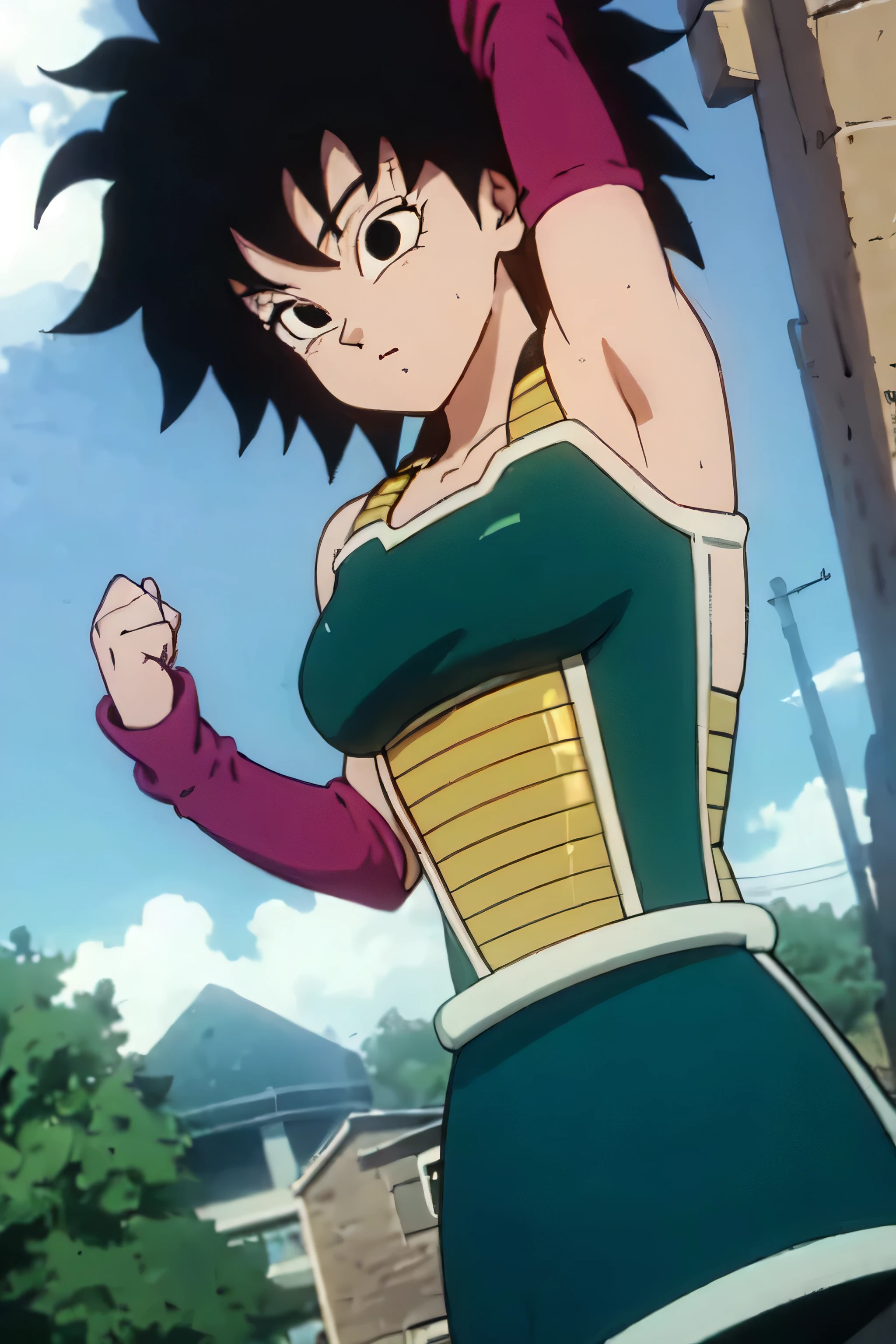 gine,short black hair, black eyes, bare shoulders,pink wristbands,breastplate, green saiyan armor,green skirt,pantyhose, fighting pose, village, blue sky, high quality, masterpiece mature appearance,armpits,sweat,sweaty,sweaty armpits,arms up,showing armpits,awesome armpits,outfit,blackish red arm warmers,maroon arm bands, maroon arm warmers,both arms raised