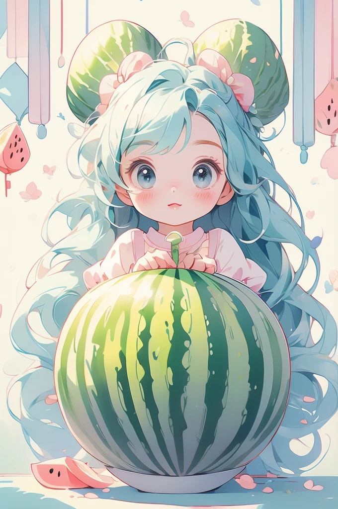 (pastel colour:1.2)、(Cute illustrations:1.2)、(スイカ🍉に座る)