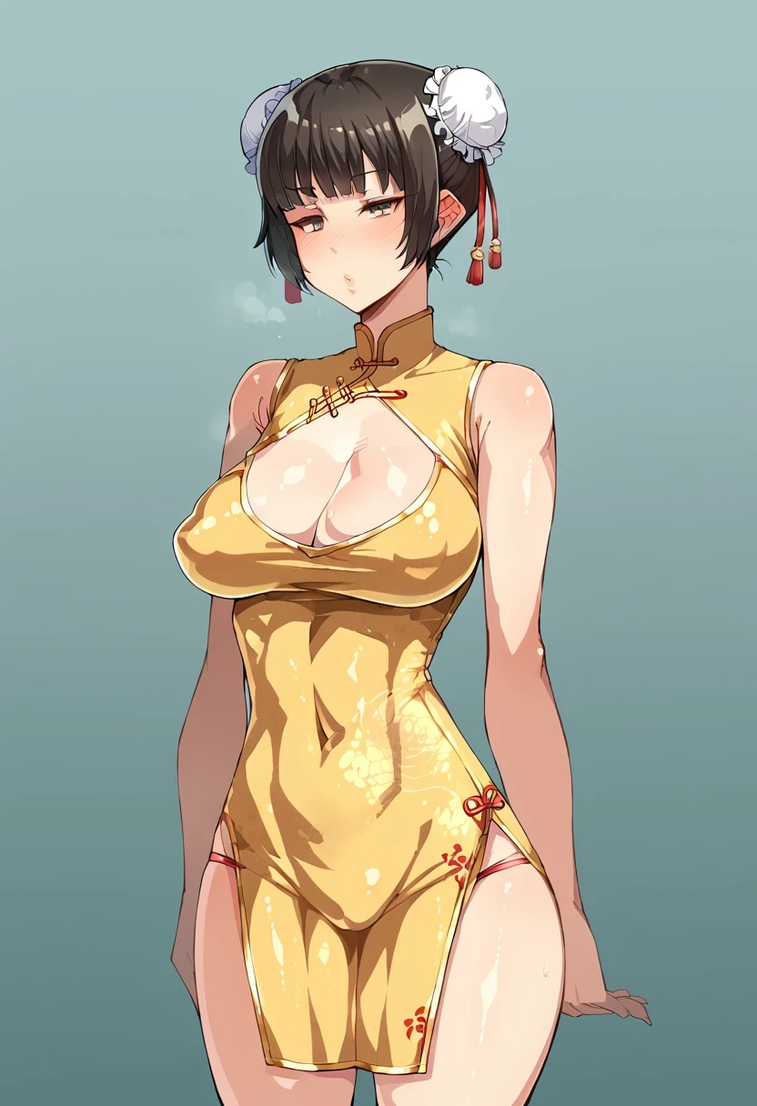 score_9,score_8_up,score_7_up,rating_explicit, source_anime, 1girl, solo, chinese bun black short hair,bun cover,china dress, long dress,tight mini skirt, gold decoration dress, sleeveless, ultra detailed dress,cleavage, cleavage cutout, clothing cutout