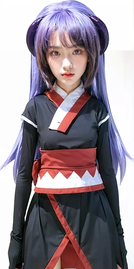 ultra-detailed, Beautiful body, Beautiful Nose, Beautiful character design, perfect eyes, perfect face, ultra highres, 16K, Nice hands, Perfect hands, Masterpiece, Best Quality, Highly detailed, illustration, absurdres, perfect anatomy, serious stare, looking at viewer, mystic aura, female priestess, full body, goddess-like, trance, perfect female body, japanese clothes, black sleeves, horns, 1girl, purple hair, long hair, purple eyes, (((pixel-perfect, detail-perfect))), solo, Hanyuu, higurashi when they cry, umineko when they cry