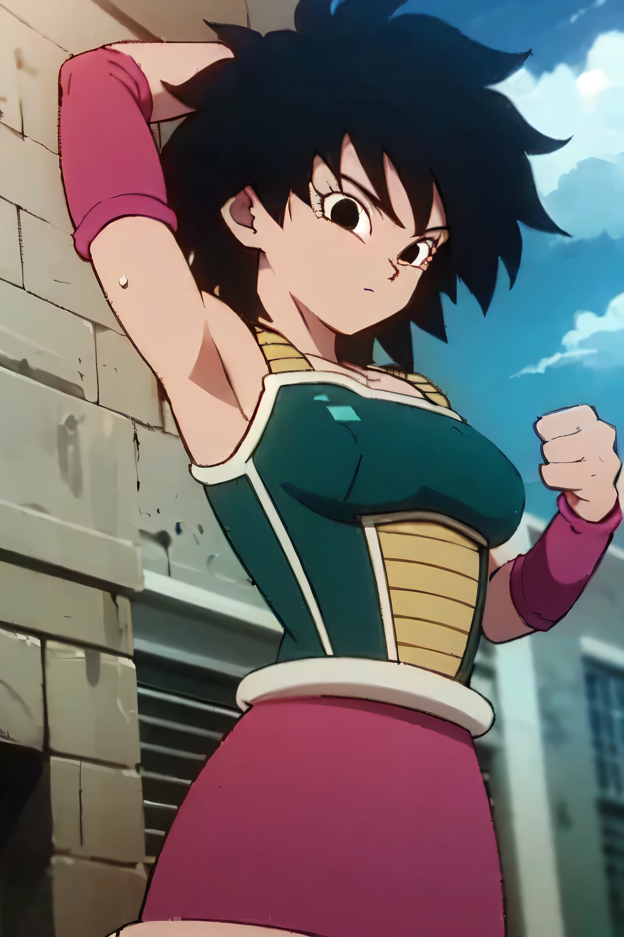 gine,short black hair, black eyes, bare shoulders,pink wristbands,breastplate, green saiyan armor,green skirt,pantyhose, fighting pose, village, blue sky, high quality, masterpiece mature appearance,armpits,sweat,sweaty,sweaty armpits,arms up,showing armpits,awesome armpits,outfit,blackish red arm warmers,maroon arm bands, maroon arm warmers,both arms raised