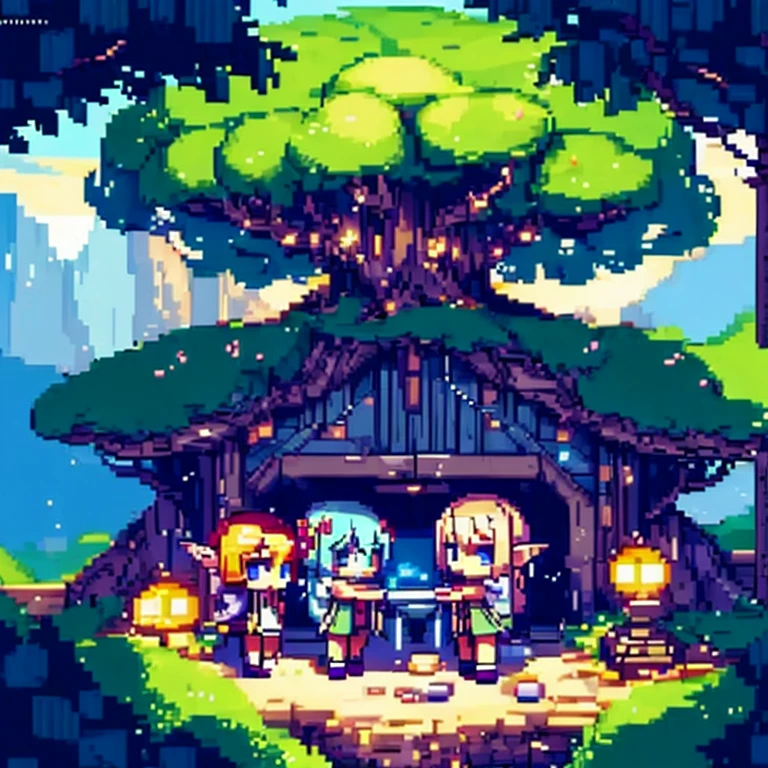 (many elves\((chibi:1.5),living daily life,eating food,washing clothes,talking each other,living on Yggdrasil\)),background\(Yggdrasil\(very huge tree,elf settlement\),forrest,beautiful lake around Yggdrasil\), BREAK ,quality\(8k,wallpaper of extremely detailed CG unit, ​masterpiece,hight resolution,top-quality,top-quality real texture skin,hyper realisitic,increase the resolution,RAW photos,best qualtiy,highly detailed,the wallpaper,cinematic lighting,ray trace,golden ratio\),isometric view,(pixel:1.4)