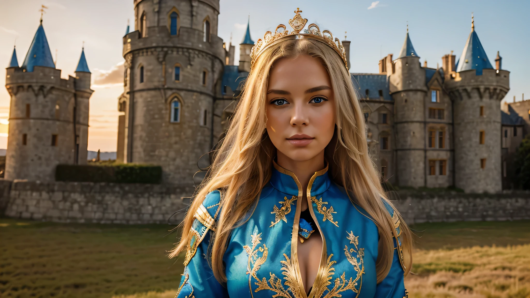 A beautiful woman with flowing blonde hair and striking blue eyes, adorned in a golden and blue fantasy armor, standing confidently in front of a majestic medieval castle with a warm sunset sky in the background. She wears a crown with red jewels, and her outfit is detailed with intricate gold and silver embroidery
