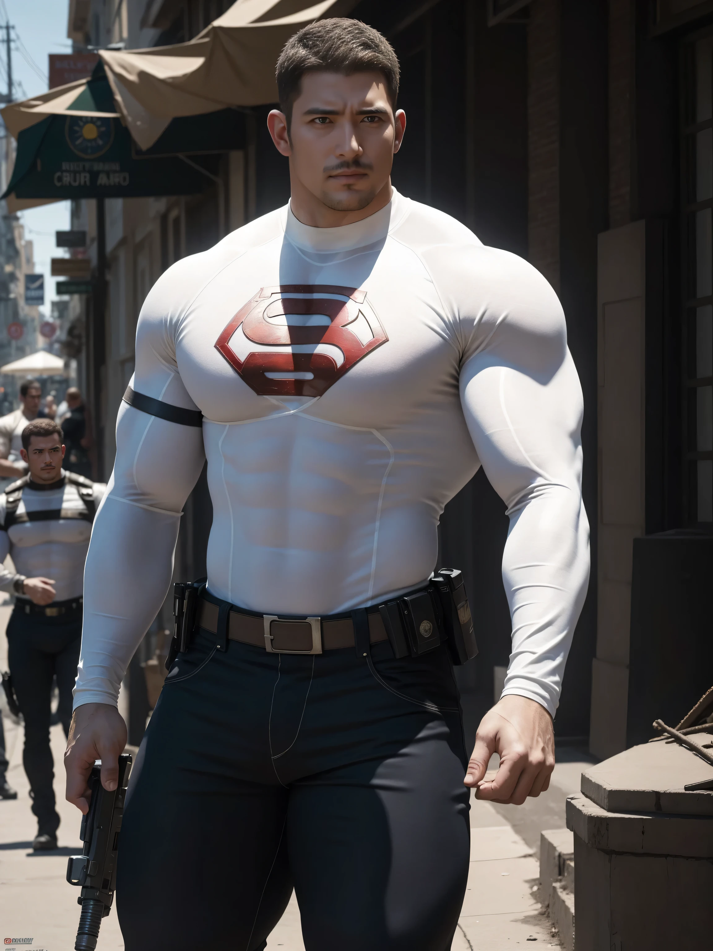 Angry super muscular man,  Buzz Cut，On the old-style outdoor street under the hot sun, Wear a long-sleeved cream superhero bodysuit, Thickened warm elastic texture，Clothes are very dirty with mud stains，The expression is arrogant, Thick thighs, Messy hair, Thick thighs, High collar, long sleeve, cream white superhero bodysuit, very tight, Regular symmetrical pattern, Highlight muscles, Police uniform pants, character concept（Resident Evil - Chris Redfield, Chris Redfield）A proud expression, Deep and charming eyes, Heroic male pose, tall Burly, muscular！muscular thighs, tough guy, perfect facial features, High, Burly, Heqiang, Super polished and cool, High Resolution Committee, Charismatic, The sun is blazing, dazzling