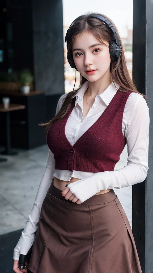 ((best quality)), photorealistic, photorealism, Photorealistic, high resolution, 1girl aiming with an assault rifle, Beautiful, , 20 Years Old, White Skin, pale skin, Large Breasts, huge breast, Combat pose, looking at the camera, (Detailed face), short hair, sexy body, (wearing maroon cardigan and skirt, tactical vests, military harness, black gloves, high-tech headset), cloths color based on maroon), revealed thigh, Gun, Fingers are occluded, concrete cafe background,
