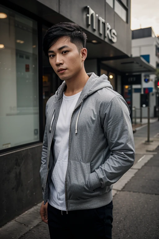 Asian man with shortcut hair, wearing jacket hoodie, wearing pants