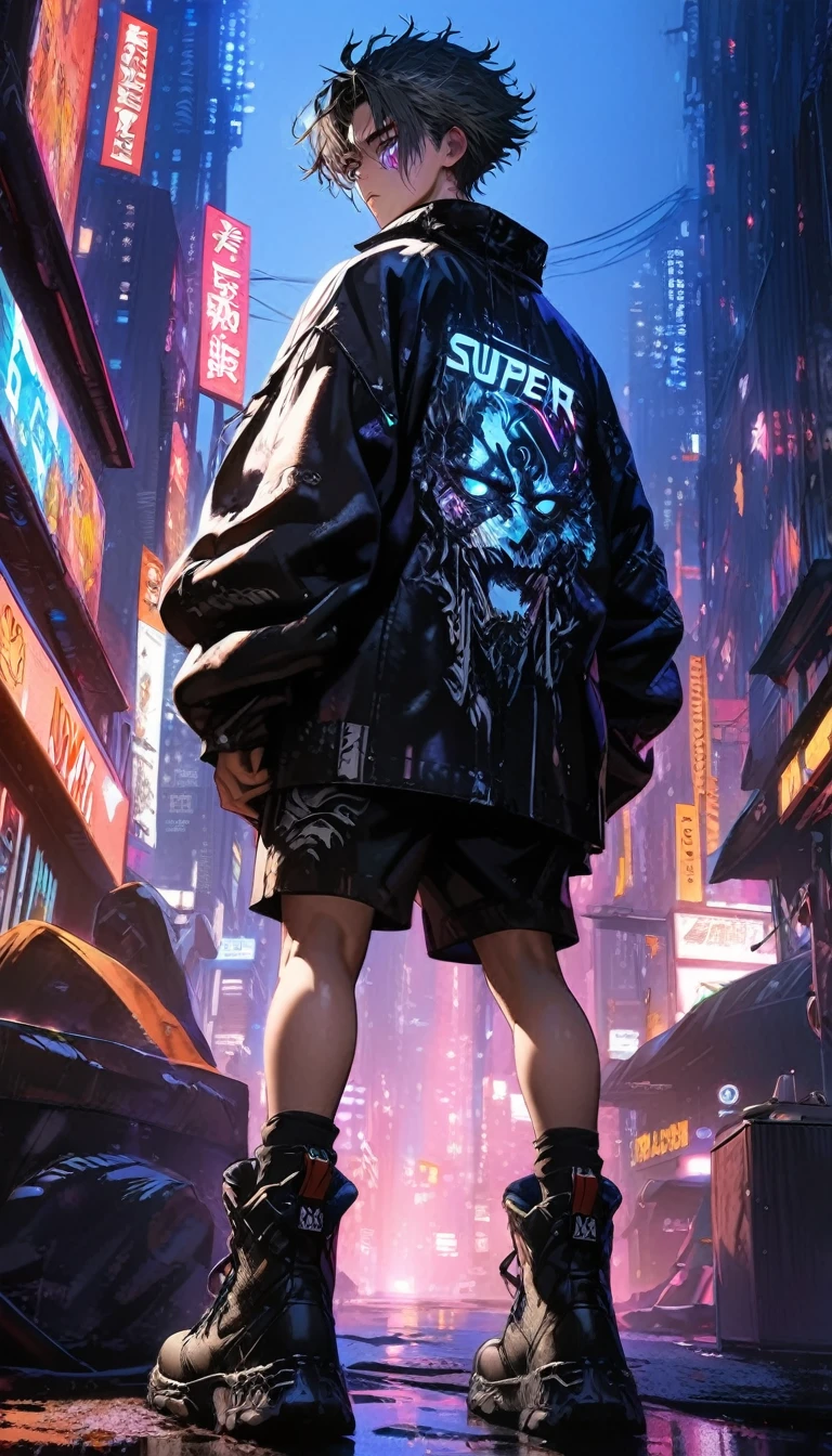 1 boy, ((super detailed, high resolution, super detailed, top quality, amazing, top quality, highly detailed CG Unity 8k wallpaper, cinematic lighting)) , full body, looking back, Boy staring off into the distance and twilight, unkempt hair, wearing plain street-style oversized clothes, background is heavy rain in a cyberpunk city, background background is a touch of detail,