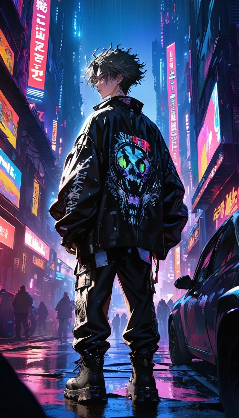 1 boy, ((super detailed, high resolution, super detailed, top quality, amazing, top quality, highly detailed CG Unity 8k wallpaper, cinematic lighting)) , full body, looking back, Boy staring off into the distance and twilight, unkempt hair, wearing plain street-style oversized clothes, background is heavy rain in a cyberpunk city, background background is a touch of detail,
