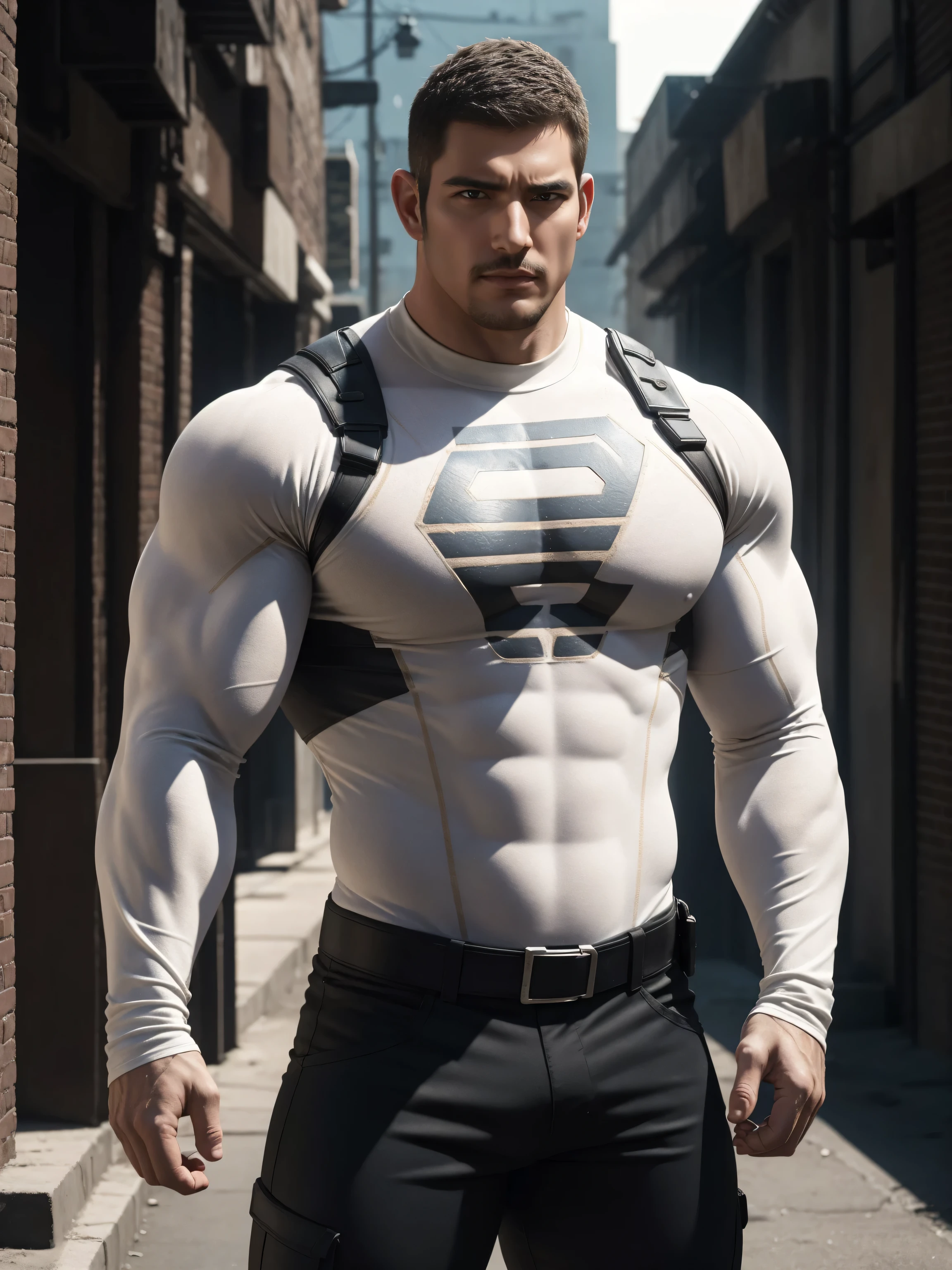 Angry super muscular man, Buzz Cut,On the old-style outdoor street under the hot sun, Wear a long-sleeved cream superhero bodysuit, Thickened warm elastic texture,Clothes are very dirty with mud stains,The expression is arrogant, Thick thighs, Messy hair, Thick thighs, High collar, long sleeve, cream white superhero bodysuit, very tight, Regular symmetrical pattern, Highlight muscles, Police uniform pants, character concept(Resident Evil - Chris Redfield, Chris Redfield)A proud expression, Deep and charming eyes, Heroic male pose, tall Burly, muscular!muscular thighs, tough guy, perfect facial features, High, Burly, Heqiang, Super polished and cool, High Resolution Committee, Charismatic, The sun is blazing, dazzling