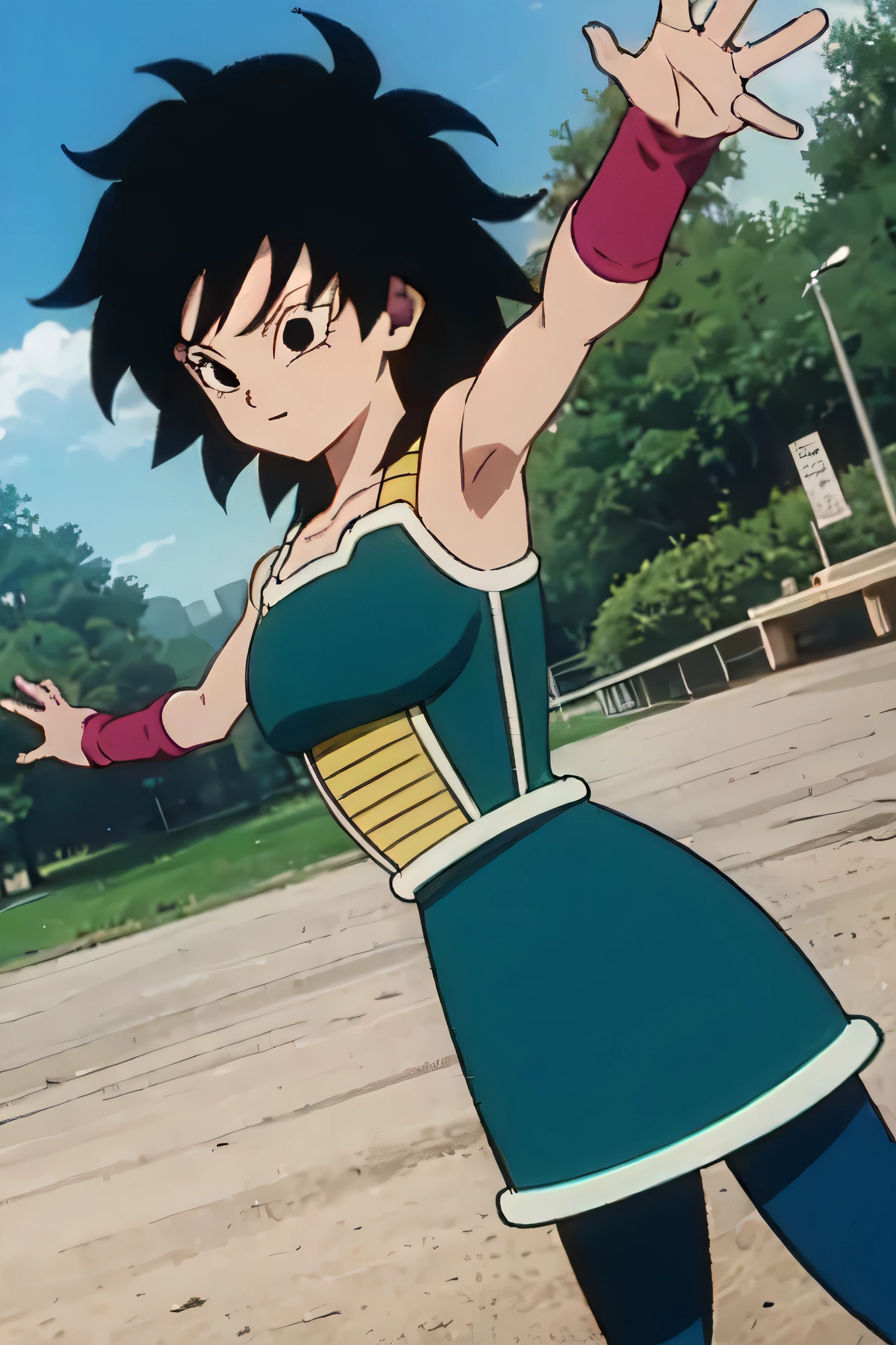 gine,short black hair, black eyes, bare shoulders,pink wristbands,breastplate, green saiyan armor,green skirt,pantyhose, fighting pose, village, blue sky, high quality, masterpiece mature appearance,armpits,sweat,sweaty,sweaty armpits,arms up,showing armpits,awesome armpits,outfit,blackish red arm warmers,maroon arm bands, maroon arm warmers,both arms raised