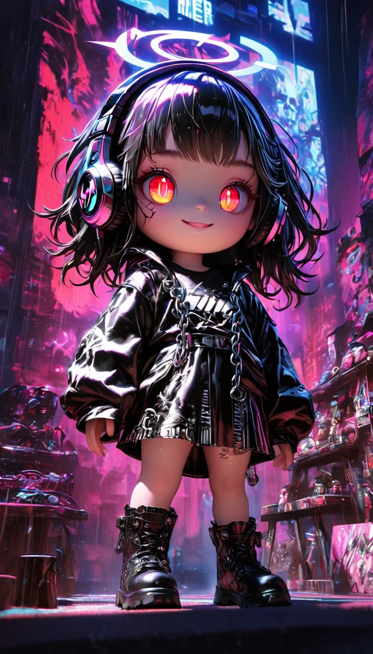 1 girl, chromatic aberration, depth of field, soft lighting, masterpiece, top quality, complex, tone map, highly detailed, art station, concept art, smooth, sharp focus, dramatic lighting, highly detailed artwork, cinematic, super realistic painting, art station's trending, 8k, incredible shadows, realistic, (highly detailed background:1.0), full body, pov, looking viewer, highly detailed portrait of one girl 1, standing on street corner, during downpour with lightning and cloudy sky, neon and cyber punk background, she is dressed in punk clothing with silver chains and silver spikes, her hair is painted with a delicate touch with black middle hair, she is wearing headphones, detailed glowing red eyes with clear pupils, ominous aura of Halo, smiling, punk, ciber punk, back Lights.