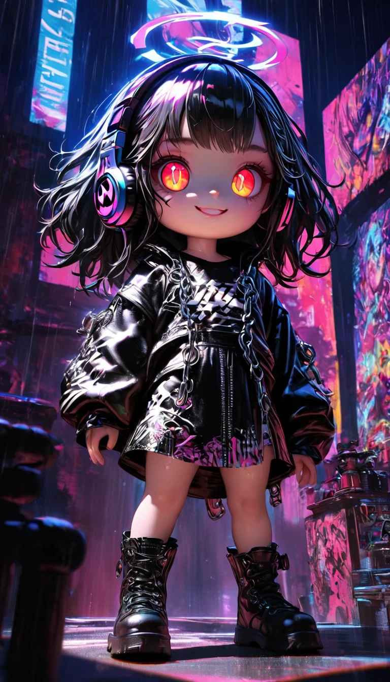 1 girl, chromatic aberration, depth of field, soft lighting, masterpiece, top quality, complex, tone map, highly detailed, art station, concept art, smooth, sharp focus, dramatic lighting, highly detailed artwork, cinematic, super realistic painting, art station's trending, 8k, incredible shadows, realistic, (highly detailed background:1.0), full body, pov, looking viewer, highly detailed portrait of one girl 1, standing on street corner, during downpour with lightning and cloudy sky, neon and cyber punk background, she is dressed in punk clothing with silver chains and silver spikes, her hair is painted with a delicate touch with black middle hair, she is wearing headphones, detailed glowing red eyes with clear pupils, ominous aura of Halo, smiling, punk, ciber punk, back Lights.
