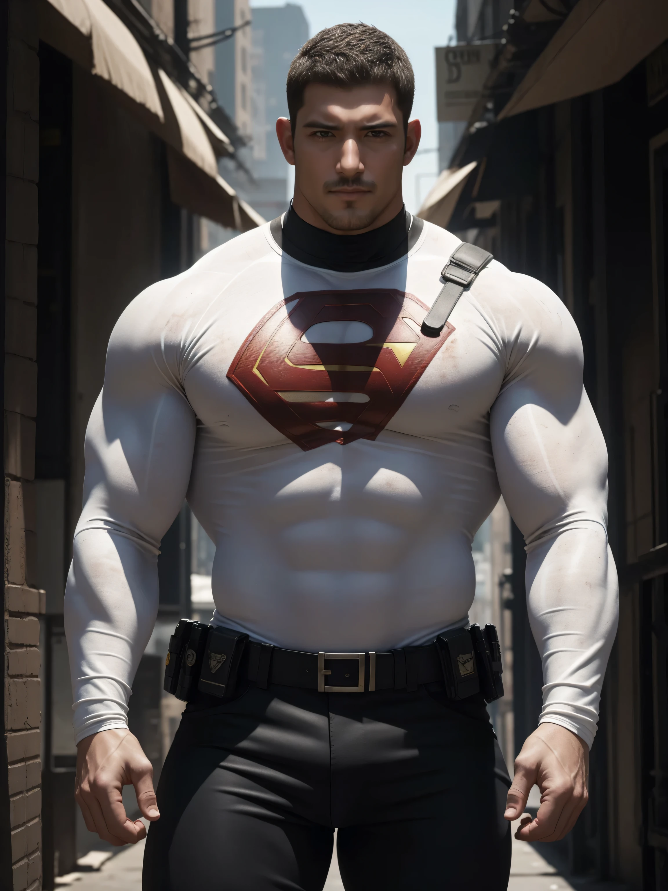 Angry super muscular man,  Buzz Cut，On the old-style outdoor street under the hot sun, Wear a long-sleeved cream superhero bodysuit, Thickened warm elastic texture，Clothes are very dirty with mud stains，The expression is arrogant, Thick thighs, Messy hair, Thick thighs, High collar, long sleeve, cream white superhero bodysuit, very tight, Regular symmetrical pattern, Highlight muscles, Police uniform pants, character concept（Resident Evil - Chris Redfield, Chris Redfield）A proud expression, Deep and charming eyes, Heroic male pose, tall Burly, muscular！muscular thighs, tough guy, perfect facial features, High, Burly, Heqiang, Super polished and cool, High Resolution Committee, Charismatic, The sun is blazing, dazzling