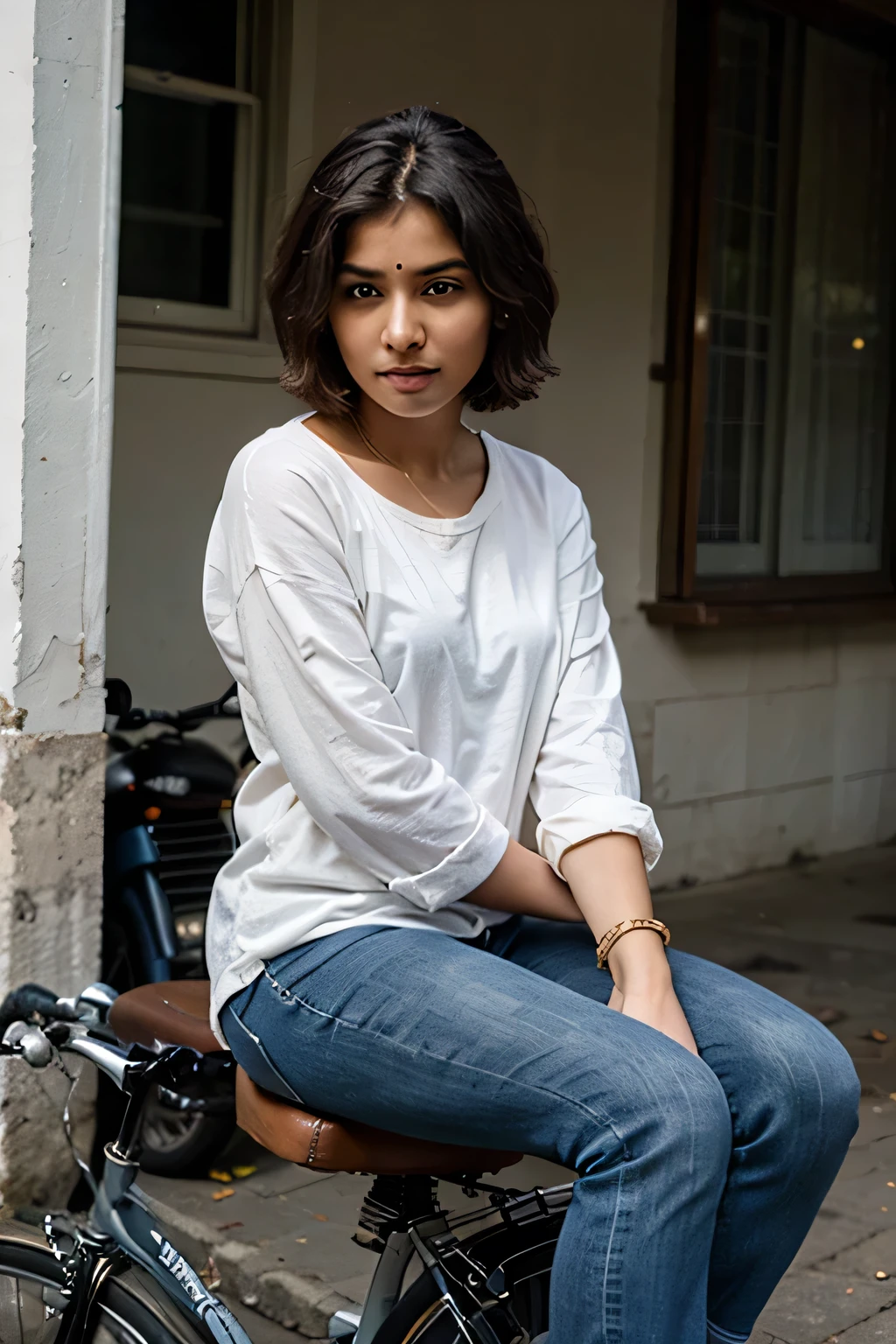 Indian dusky girl, boycut hair style,long shirt,jeans,sitting on harly davison bike 