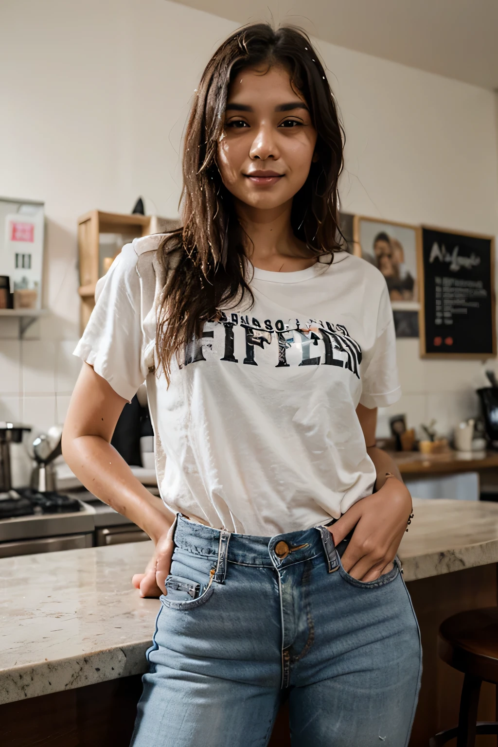 photo of fit (M0n1k4F0x-135:0.99), a beautiful woman, perfect hair, (modern photo), wearing a (crew neck t-shirt:1.2) and jeans with jewelry, portrait, 85mm, (analog, cinematic, film grain:1.3), (Galactic Observatory, Space observatory studying distant galaxies, black holes, and cosmic phenomena.), detailed eyes, professional pose, painted lips, (epiCPhoto), (looking at viewer:1.1), jewelry, (cinematic shot:1.3), (natural lighting, lit from above), <lora:add_detail:0.5>
