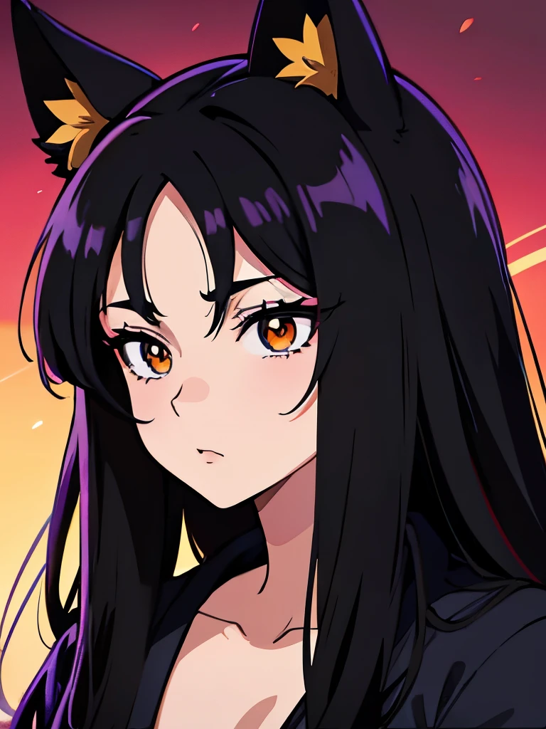 ((anime)), , coal black hair with a golden streak, ojos morado como una flor, orejas y cola de gato