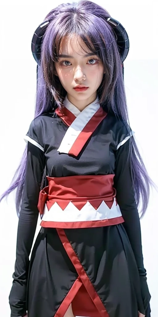 ultra-detailed, Beautiful body, Beautiful Nose, Beautiful character design, perfect eyes, perfect face, ultra highres, 16K, Nice hands, Perfect hands, Masterpiece, Best Quality, Highly detailed, illustration, absurdres, perfect anatomy, serious stare, looking at viewer, mystic aura, female priestess, full body, goddess-like, trance, perfect female body, japanese clothes, black sleeves, horns, 1girl, purple hair, long hair, purple eyes, (((pixel-perfect, detail-perfect))), solo, Hanyuu, higurashi when they cry, umineko when they cry