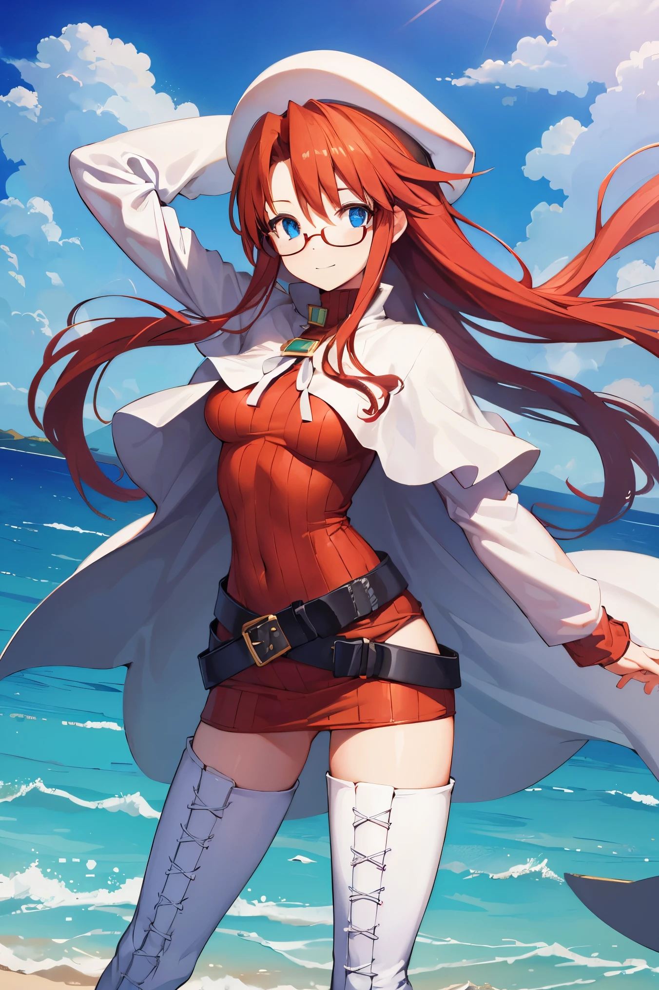 summonnightaty, aty, (young:1.3),long hair, blue eyes, red hair, big_berets, hat, glasses,
BREAK long hair, thighhighs, hat, dress, boots, glasses, belt, cape, sweater, zettai ryouiki, beret, thigh boots, white footwear, ribbed sweater, loose belt,solo,
BREAK outdoors, fantasy,on_beach,
,Highquality_hads,perfect_fingers,
BREAK (masterpiece:1.2), best quality, high resolution, unity 8k wallpaper, (illustration:0.8), (beautiful detailed eyes:1.6), extremely detailed face, perfect lighting, extremely detailed CG, (perfect hands, perfect anatomy),covered_nipples,covered_navel ,half_eyes,long_sword,sleepy,standing,red_sweater,apart_knees,magical_effect,spread_legs, have_a_book,teacher,rise_knee,Smile,rise_hand,look_down_viewer,spread_arms,sea​_waves,looking_into,blue_sky