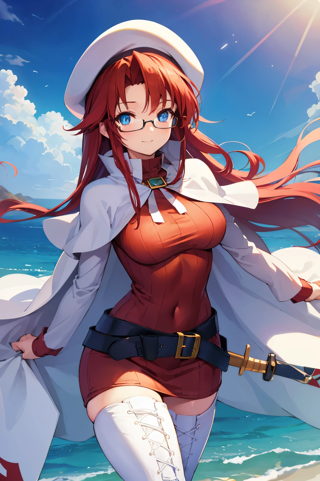 summonnightaty, aty, (young:1.3),long hair, blue eyes, red hair, big_berets, hat, glasses,
BREAK long hair, thighhighs, hat, dress, boots, glasses, belt, cape, sweater, zettai ryouiki, beret, thigh boots, white footwear, ribbed sweater, loose belt,solo,
BREAK outdoors, fantasy,on_beach,
,Highquality_hads,perfect_fingers,
BREAK (masterpiece:1.2), best quality, high resolution, unity 8k wallpaper, (illustration:0.8), (beautiful detailed eyes:1.6), extremely detailed face, perfect lighting, extremely detailed CG, (perfect hands, perfect anatomy),covered_nipples,covered_navel ,half_eyes,long_sword,sleepy,standing,red_sweater,apart_knees,magical_effect,spread_legs, have_a_book,teacher,rise_knee,Smile,rise_hand,look_down_viewer,spread_arms,sea_waves,looking_into,blue_sky