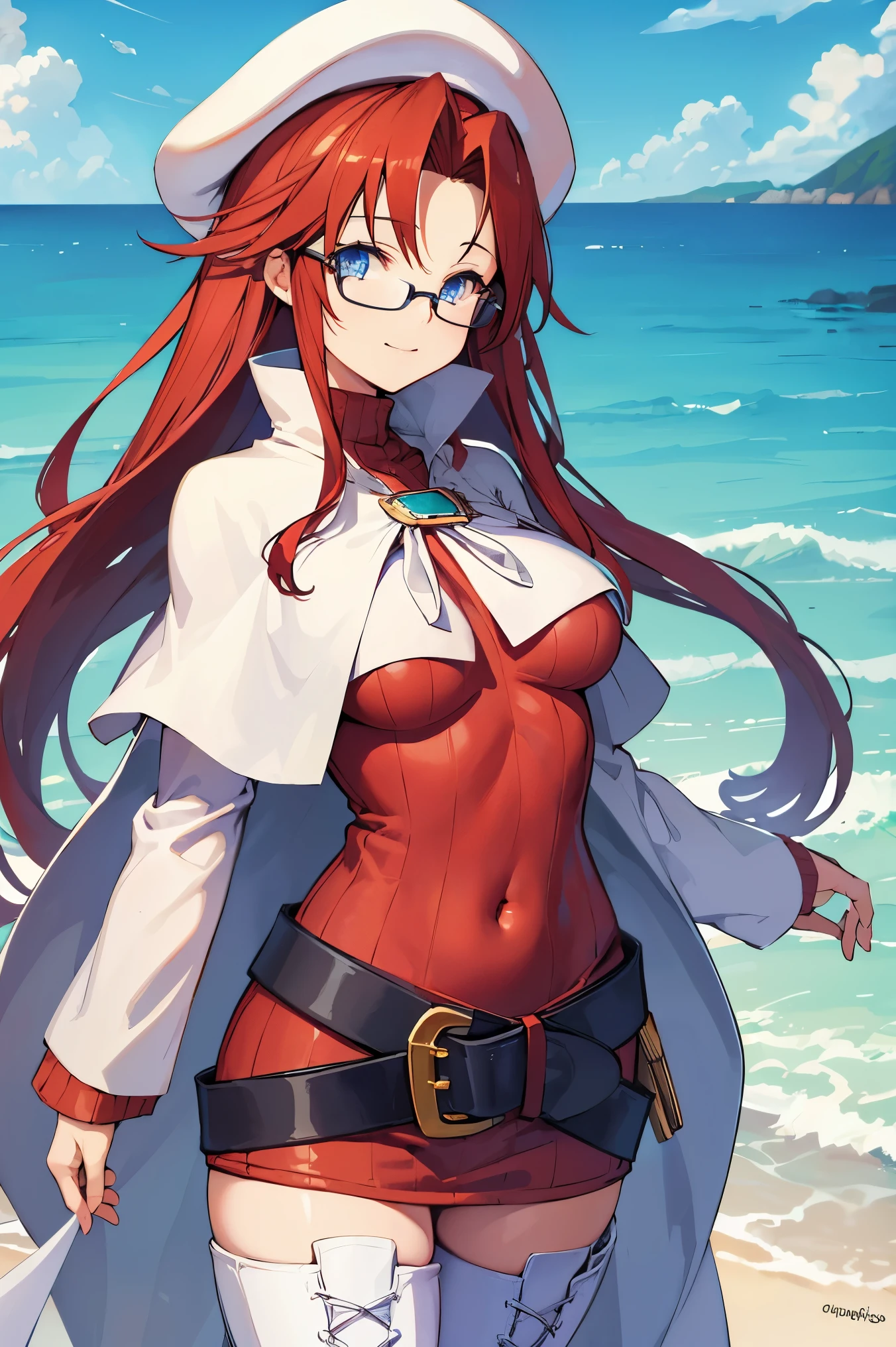 summonnightaty, aty, (young:1.3),long hair, blue eyes, red hair, big_berets, hat, glasses,
BREAK long hair, thighhighs, hat, dress, boots, glasses, belt, cape, sweater, zettai ryouiki, beret, thigh boots, white footwear, ribbed sweater, loose belt,solo,
BREAK outdoors, fantasy,on_beach,
,Highquality_hads,perfect_fingers,
BREAK (masterpiece:1.2), best quality, high resolution, unity 8k wallpaper, (illustration:0.8), (beautiful detailed eyes:1.6), extremely detailed face, perfect lighting, extremely detailed CG, (perfect hands, perfect anatomy),covered_nipples,covered_navel ,half_eyes,long_sword,sleepy,standing,red_sweater,apart_knees,magical_effect,spread_legs, have_a_book,teacher,rise_knee,Smile,rise_hand,look_down_viewer,spread_arms,sea​_waves,looking_into,blue_sky