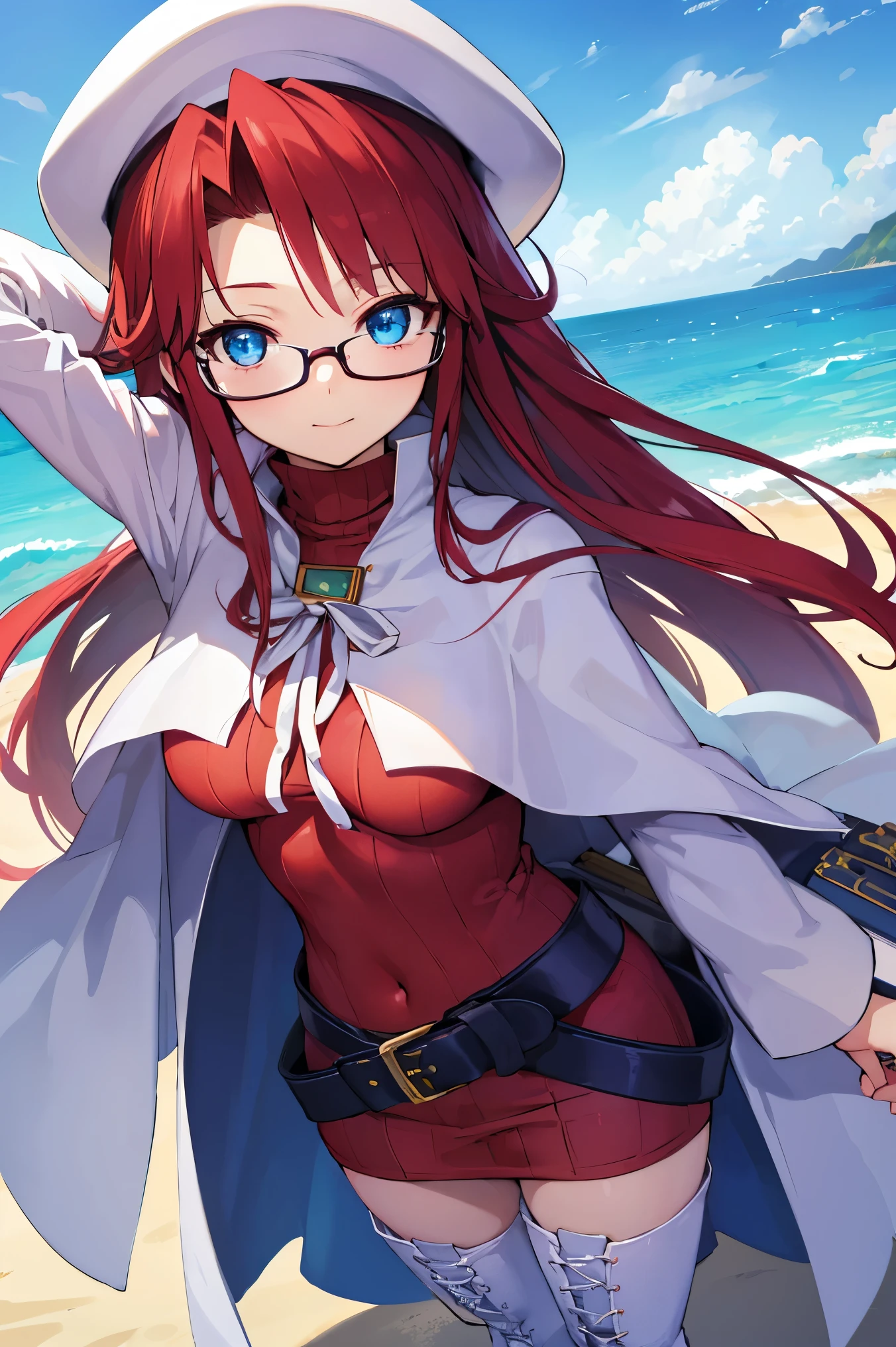 summonnightaty, aty, (young:1.3),long hair, blue eyes, red hair, big_berets, hat, glasses,
BREAK long hair, thighhighs, hat, dress, boots, glasses, belt, cape, sweater, zettai ryouiki, beret, thigh boots, white footwear, ribbed sweater, loose belt,solo,
BREAK outdoors, fantasy,on_beach,
,Highquality_hads,perfect_fingers,
BREAK (masterpiece:1.2), best quality, high resolution, unity 8k wallpaper, (illustration:0.8), (beautiful detailed eyes:1.6), extremely detailed face, perfect lighting, extremely detailed CG, (perfect hands, perfect anatomy),covered_nipples,covered_navel ,half_eyes,long_sword,sleepy,standing,red_sweater,apart_knees,magical_effect,spread_legs, have_a_book,teacher,rise_knee,Smile,rise_hand,look_down_viewer,spread_arms,sea​_waves,looking_into,blue_sky