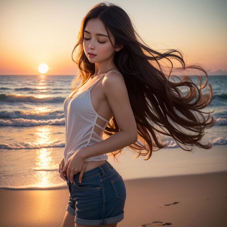 photo of pretty young woman, (beautiful:1. 2), (long wavy hair:1. 62) (short pants:1. 21), intricate elegant, fantasy, detailed, cinematic lighting, gradient lighting, cowgirl position, ((8k:1. 27), best quality, masterpiece, ultra highres:1. 2), arms behind back, ((kissy face)), cute fine face, sunset, on the beach, closed eyes, (open mouth), (Masterpiece:1.3), (best quality:1.3),