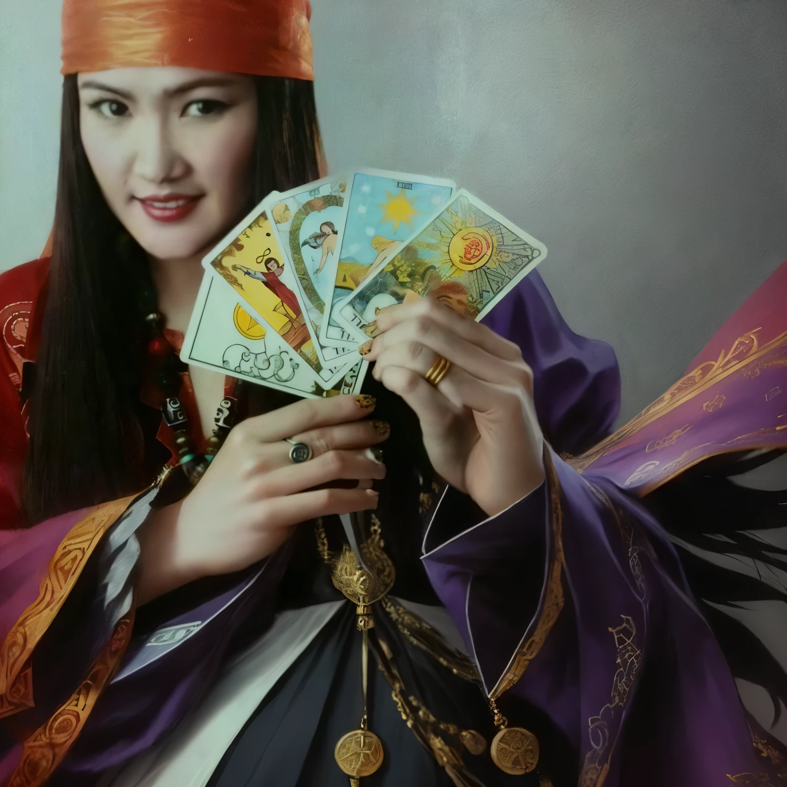 arafed woman holding a fan of Tarot cards cards in her hands, as a Tarot cards card, Tarot cards!!, fortune teller, Tarot cards, Tarot cards style, Tarot cards cards, [ Tarot cards card ]!!!!!, Inspiration from Julian, Tarot cards cards characters, Sakimi-chan, psychic girl, Tarot cards card, female magician, priest, Dressed as an oracle, psychic