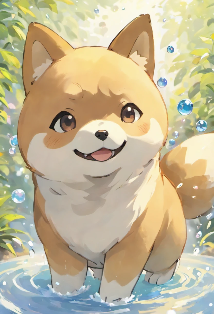 Inspiring Ultra HD 3D scenes,Showing a Shiba Inu, 在宁静的湖边与神奇宝贝一起sad 精美呈现,The details are very good, See the bubbles gently blowing into the air, , magical effect. The overall atmosphere is soft, sad