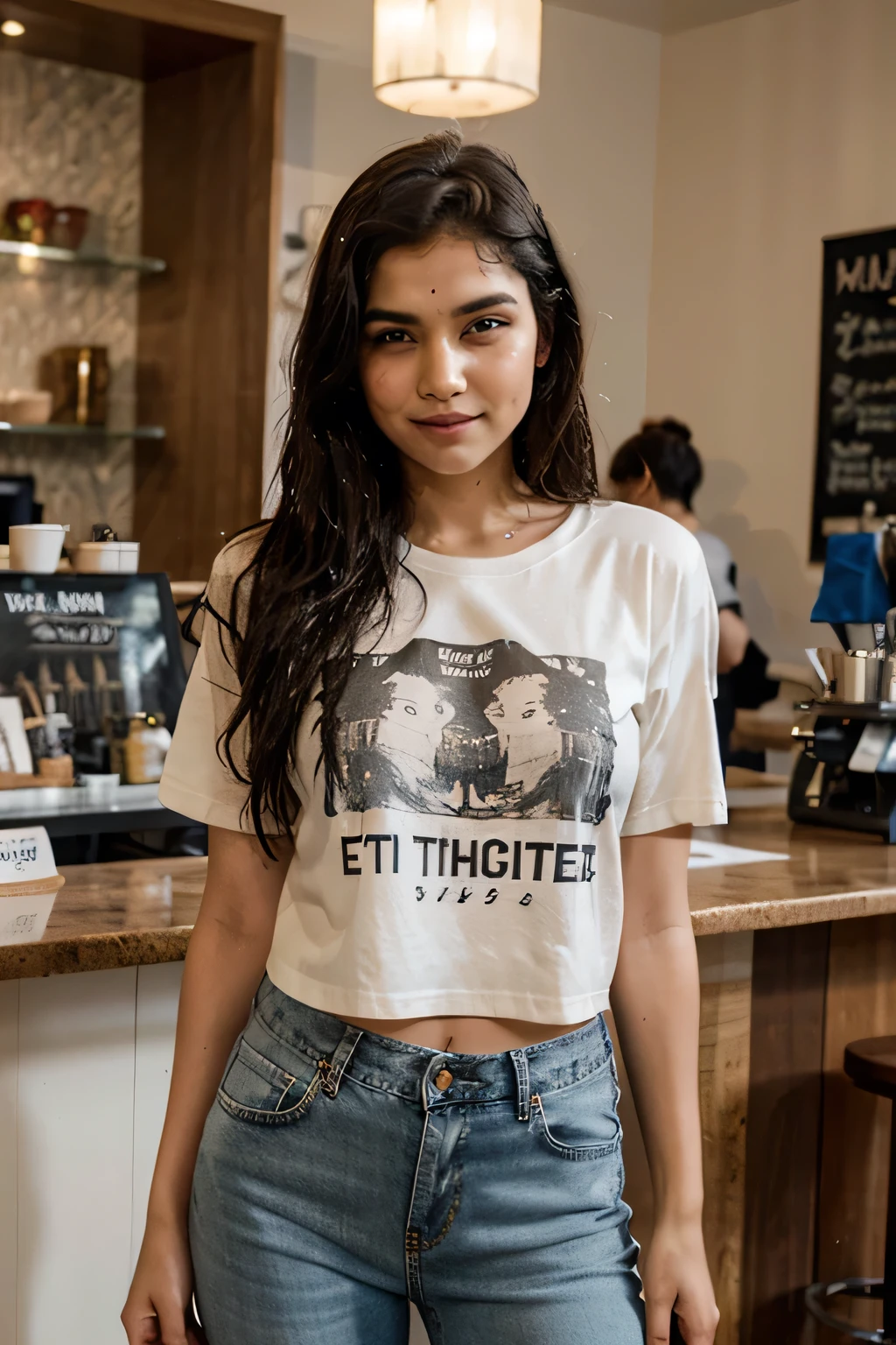Indian girl, wet hair, over sized t-shirt baggy jeans, posing in coffe shop, look at camara winking (artstatio:1.2)