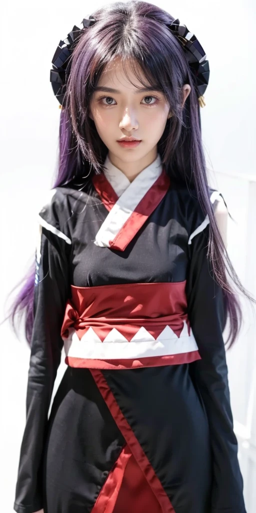 ultra-detailed, Beautiful body, Beautiful Nose, Beautiful character design, perfect eyes, perfect face, ultra highres, 16K, Nice hands, Perfect hands, Masterpiece, Best Quality, Highly detailed, illustration, absurdres, perfect anatomy, serious stare, looking at viewer, mystic aura, female priestess, full body, goddess-like, trance, perfect female body, japanese clothes, black sleeves, horns, 1girl, purple hair, long hair, purple eyes, (((pixel-perfect, detail-perfect))), solo, Hanyuu, higurashi when they cry, umineko when they cry