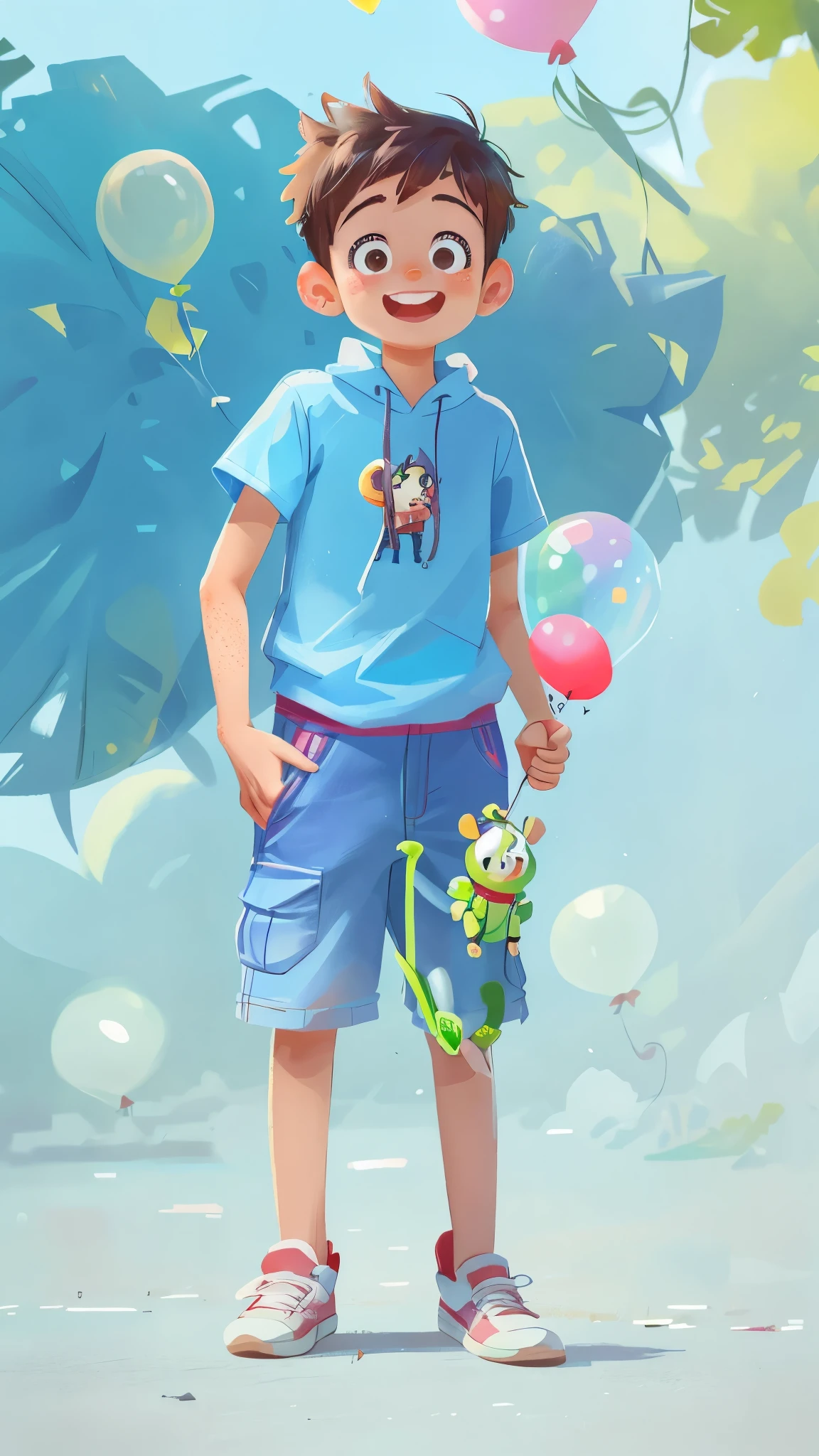 A boy, zoo, many balloons, happy, happy, perfect quality, clear focus (clutter - home: 0.8), (masterpiece: 1.2) (realistic: 1.2) (bokeh) (best quality) (detailed skin: 1.3) (complex details) (8K) (detail eyes) (sharp focus), (happy) full body, two children, clean background, long view composition, 85MM SHOT