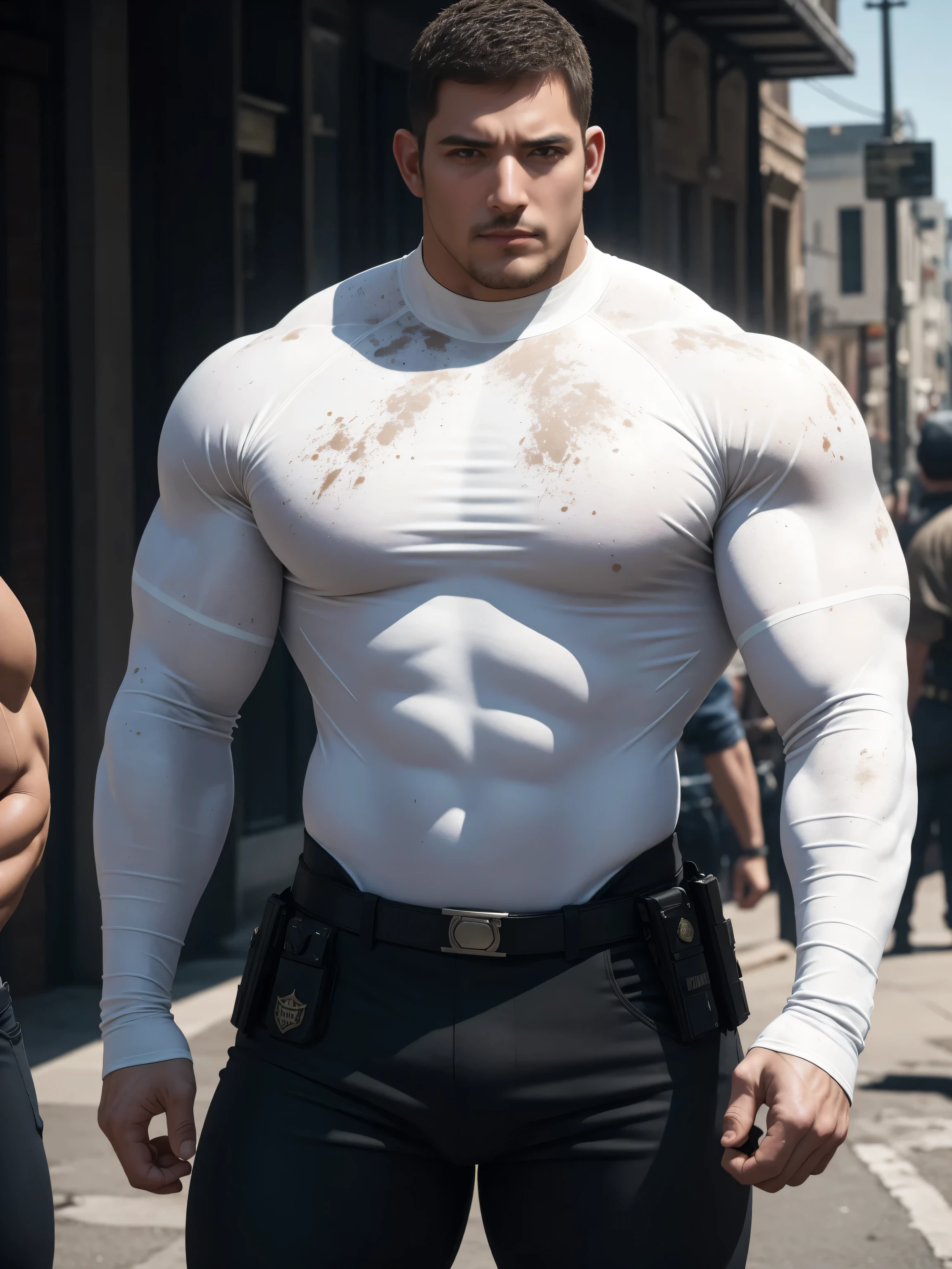 Angry super muscular man, Buzz Cut,On the old-style outdoor street under the hot sun, Wear a long-sleeved cream superhero bodysuit, Thickened warm elastic texture,Clothes are very dirty with mud stains,The expression is arrogant, Thick thighs, Messy hair, Thick thighs, High collar, long sleeve, cream white superhero bodysuit, very tight, Regular symmetrical pattern, Highlight muscles, Police uniform pants, character concept(Resident Evil - Chris Redfield, Chris Redfield)A proud expression, Deep and charming eyes, Heroic male pose, tall Burly, muscular!muscular thighs, tough guy, perfect facial features, High, Burly, Heqiang, Super polished and cool, High Resolution Committee, Charismatic, The sun is blazing, dazzling