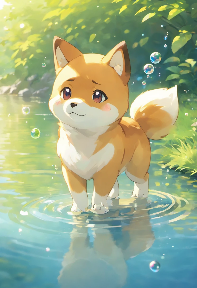 Inspiring Ultra HD 3D scenes,Showing a Shiba Inu, Beautifully rendered heartbreak with Pokémon by a tranquil lake,The details are very good, See the bubbles gently blowing into the air, , magical effect. The overall atmosphere is soft, sad cry