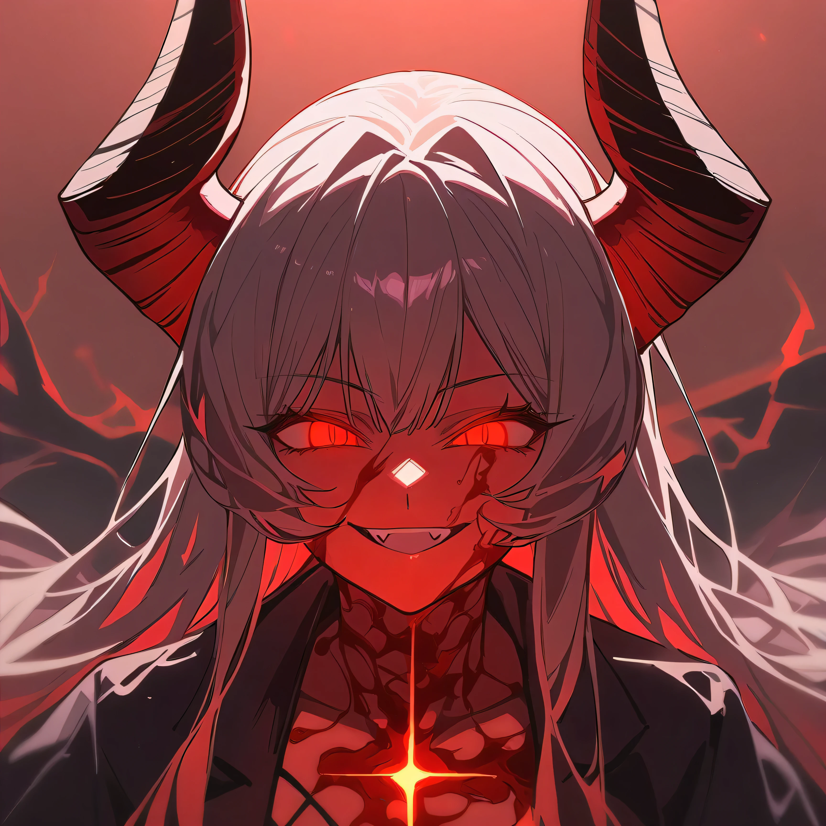 demon, with 2 big horns, covered in blood, red glowing eyes, smiling, evil