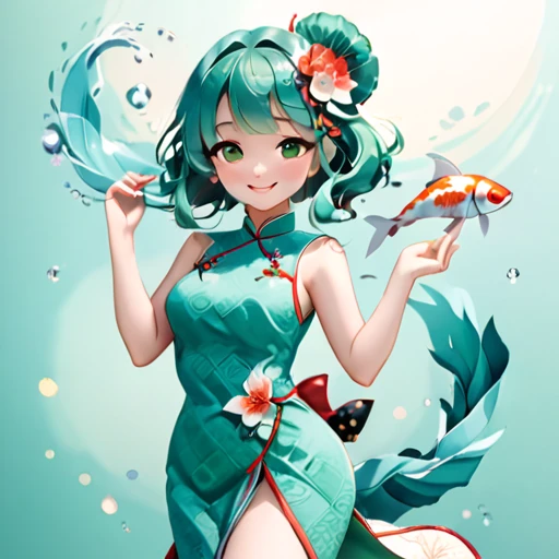 (paper art, Quilted paper art, 3D), (whole body:1.5),1 Cheongsam woman,Shy, fit,Perfect proportions,Exquisite hair accessories, Smile,Oriental elements,Simple background, Mint Green, (soft light, Bokeh),Dancing with Koi