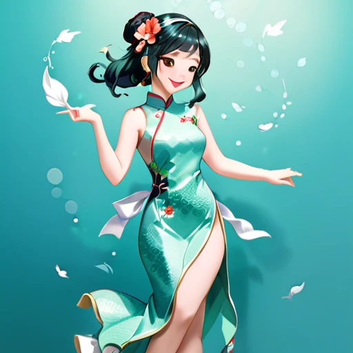 (paper art, Quilted paper art, 3D),  (whole body:1.5),1 Cheongsam woman，Shy, fit，Perfect proportions，Exquisite hair accessories, Smile，Oriental elements，Simple background, Mint Green,  (soft light, Bokeh)，Dancing with Koi