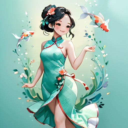 (paper art, Quilted paper art, 3D), (whole body:1.5),1 Cheongsam woman,Shy, fit,Perfect proportions,Exquisite hair accessories, Smile,Oriental elements,Simple background, Mint Green, (soft light, Bokeh),Dancing with Koi