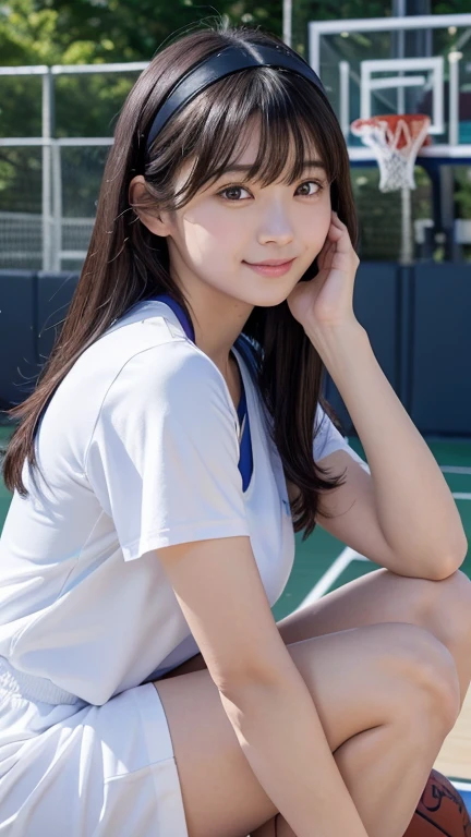 8K、Detailed Description、Very high definition、Realistic、reality的、Real、live-action、reality、High resolution、full body shot,Nogizaka46、japanese idol,beautiful girl、21 years old、Angle of view that allows you to see the whole body、Pull angle of view、basketballゴール、basketball、Red Basketball Uniform、Knee-up-top angle of view、Mouth closed、smile、Basketball court、Long Hair、Very black hair、Hair blowing in the wind、pretty girl、Beauty、Glowing Skin、Glowing Skin、Shiny Hair、Very white skin、Headband、Heavy makeup、Large Breasts、Embarrassed、Shyly、Slit eyes、Big Eyes、Double eyelids、Don't show your teeth、Cross your arms behind your hips、Bend over and peer at me