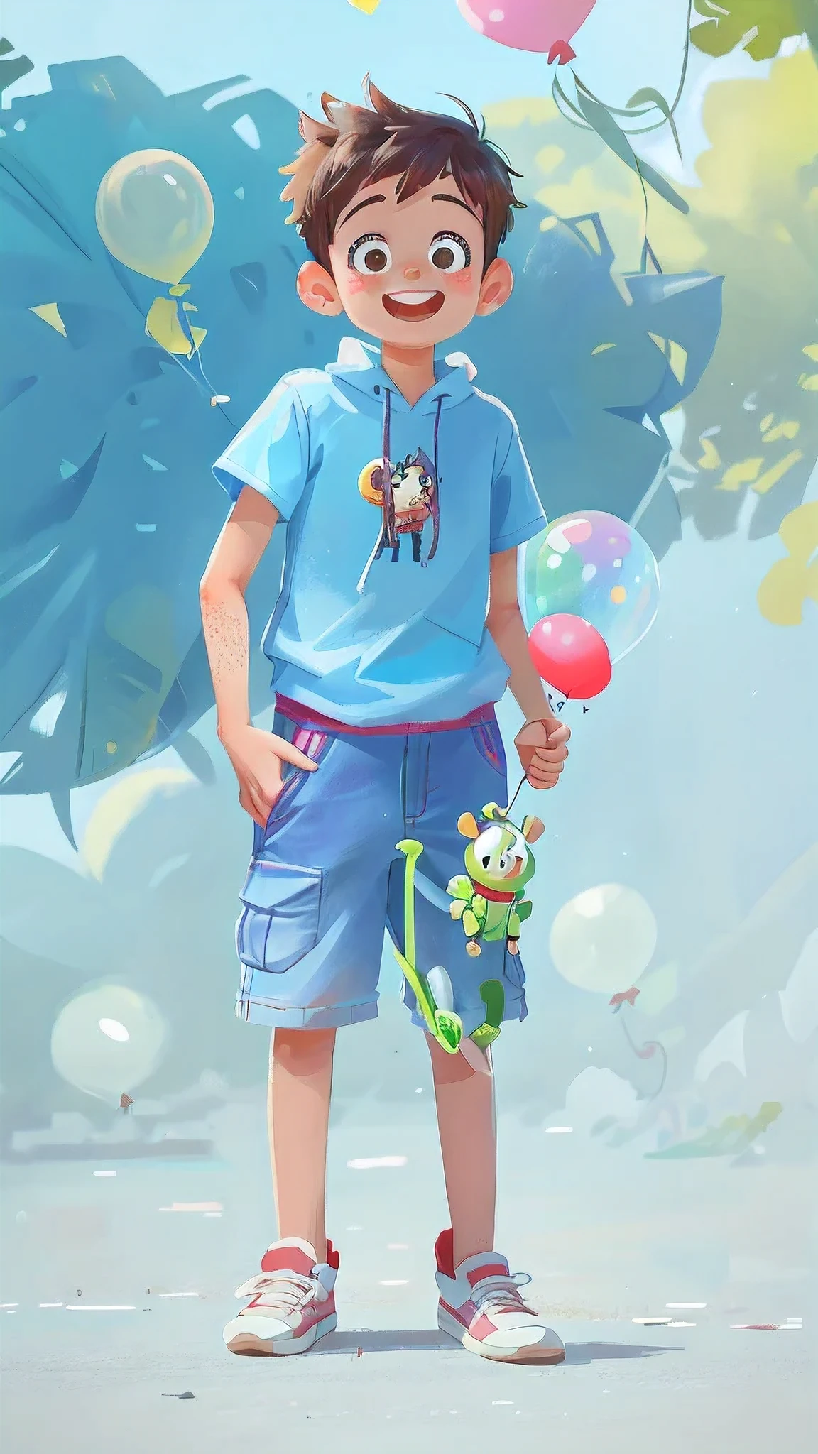 A boy, zoo, many balloons, happy, happy, perfect quality, clear focus (clutter - home: 0.8), (masterpiece: 1.2) (realistic: 1.2) (bokeh) (best quality) (detailed skin: 1.3) (complex details) (8K) (detail eyes) (sharp focus), (happy) full body, two children, clean background, long view composition, 85MM SHOT