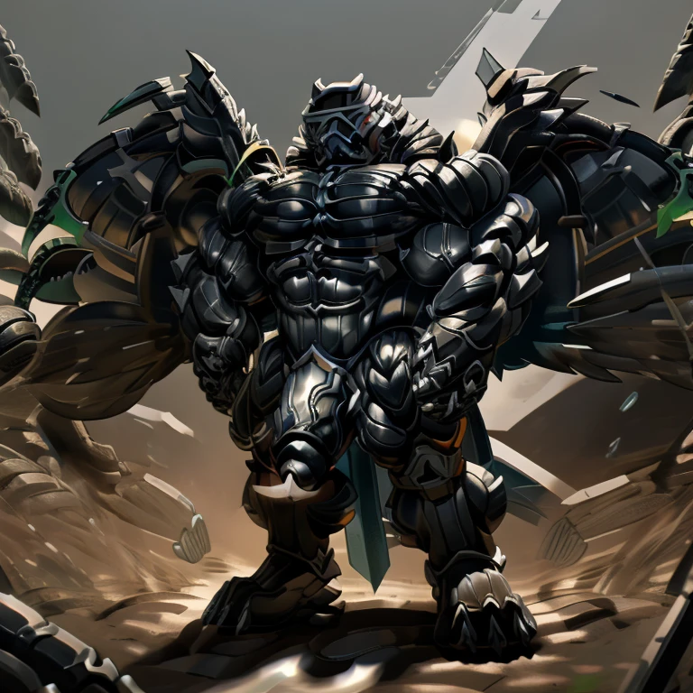 8K, Masterpiece, highres, future fiction. black visor, Detailed head, Detailed Body, full body, BLACK COLRR, Detailed abs, wearing crNanosuit, big muscle (pecs, triceps, traps) unusually developed muscular body, body full of huge muscles. showing off muscles, pectorales enormes. Exaggeratedly huge muscles. Gigachad Muscular, gigantic muscles, Colossal giant NANOSUIT over a battlefield, The cloak is so long that it touches the ground, crossed arms. 
The claws are sharp,
Sharp teeth,
have big wings.
whole body shines like metal. nj5furry, big penis (black color), 