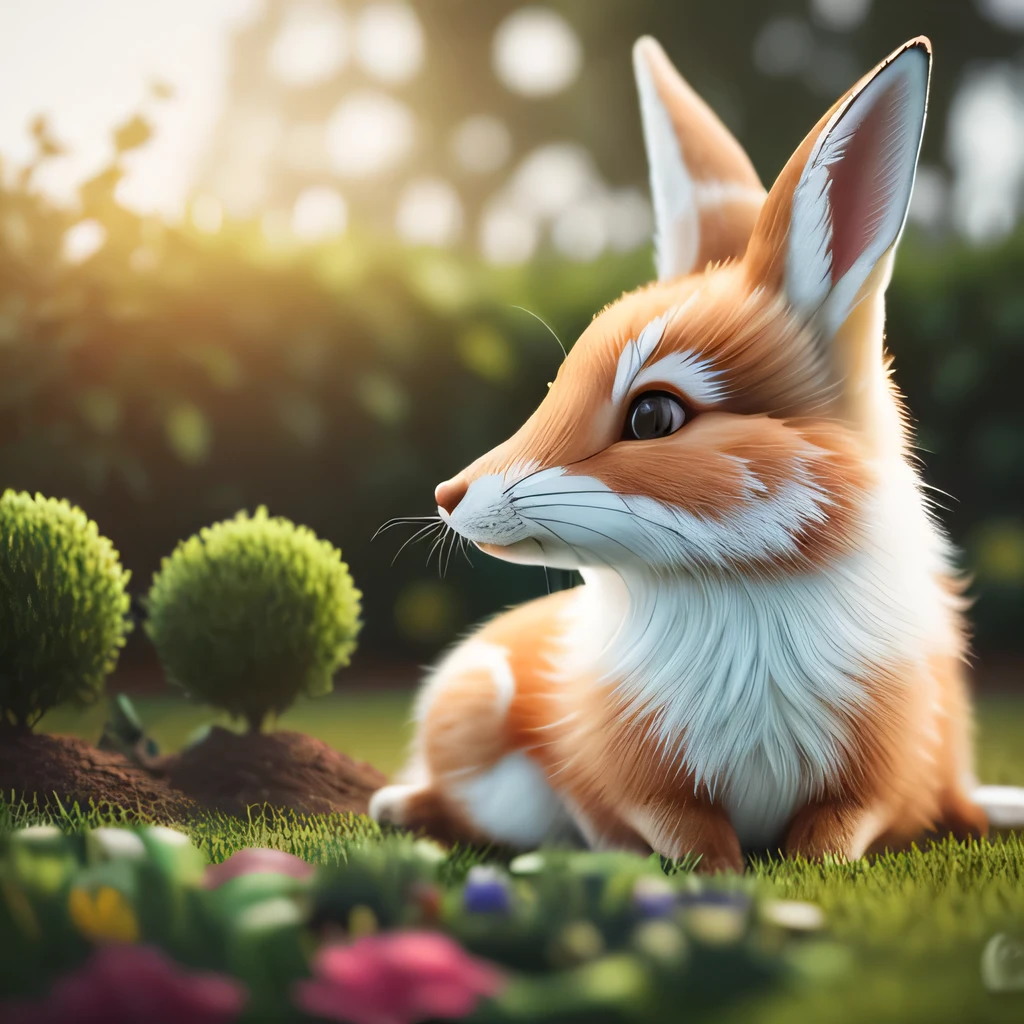 RAW photo, 8K, realistic, masterpiece, insanely detailed, rabbit fox, garden , daylight