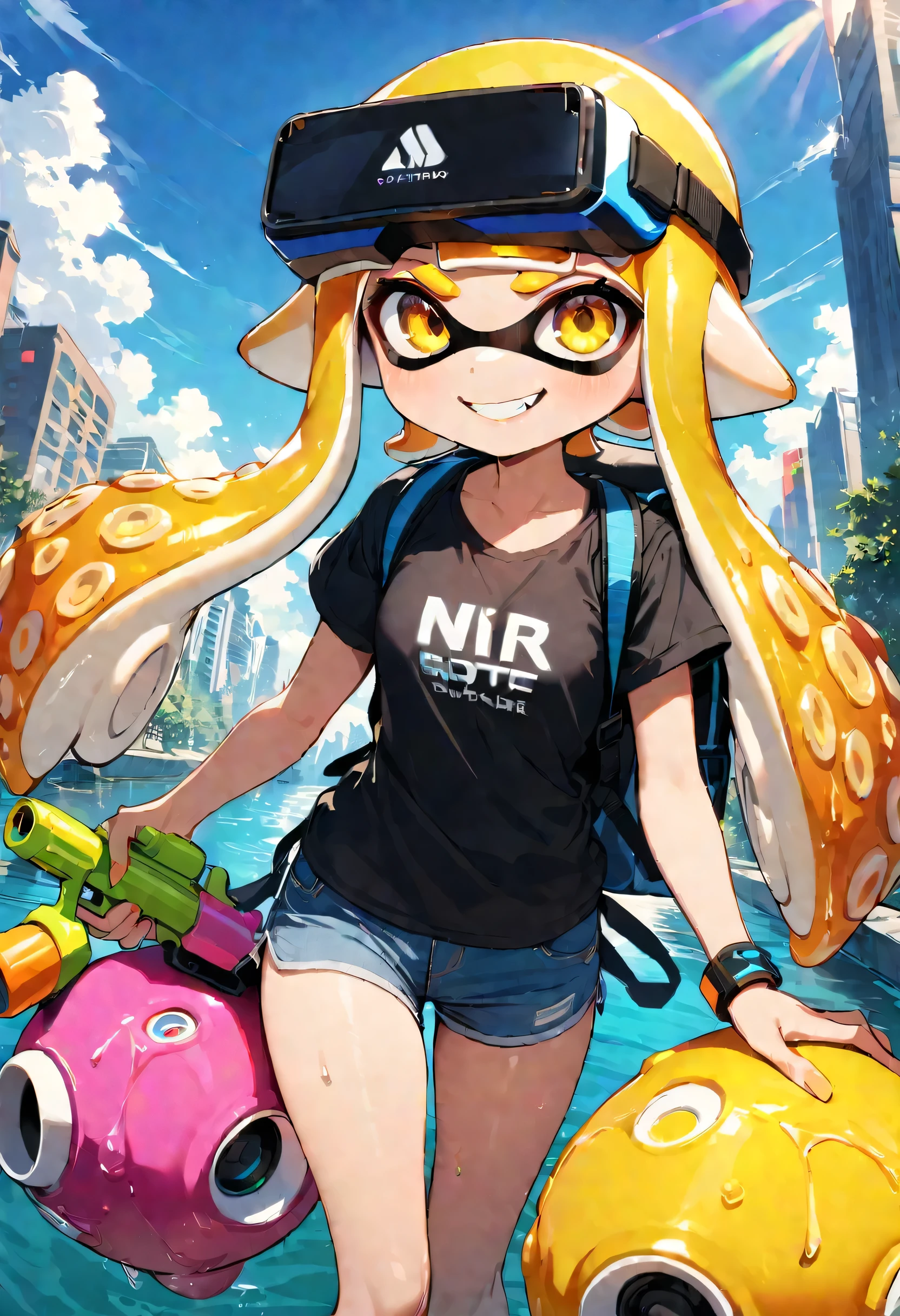 masterpiece, 最high quality, high quality, 1 Girl,nice, 1 person, pretty girl, ((Yellow Eyes): 1.2), Well-formed eyes, Hair between the eyes、Highly detailed face, Perfect facial symmetry, Backpack, ((Splatoon Inkling, Tentacle hair)), Toy Guns, Water gun, Ink tank, Mastepiece, Visible collaboration, (Saturated colors, Vibrant), piercing the cheek」sunlight、skyline、smile, Splashes of colorful paint, ((VR Visor, Cyberware Face)),