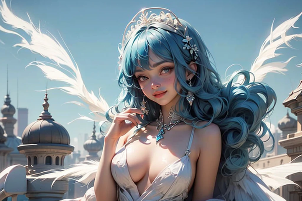 White dress, cowboy shot, 1girl, 1 Screen View, standing, Shiny natural skin texture, cheerful, Cute face, nose blush, grin, (rooftop:0.9), (Wings are growing:1.8), (desert:0.7), (nsfw:1.1), (8K:1.2), (masterpiece:1.2), (highest quality:1.1), (Beautiful expression:1.1), (see through:1.1), (puffynipple:1.1), (Light-pigmented nipple:1.3), (No underwear:1.2), (fluffy bob cut:1.1), (sky blue hair:1.6), (hair ribbon:0.9), (flower hair ornament:0.8)